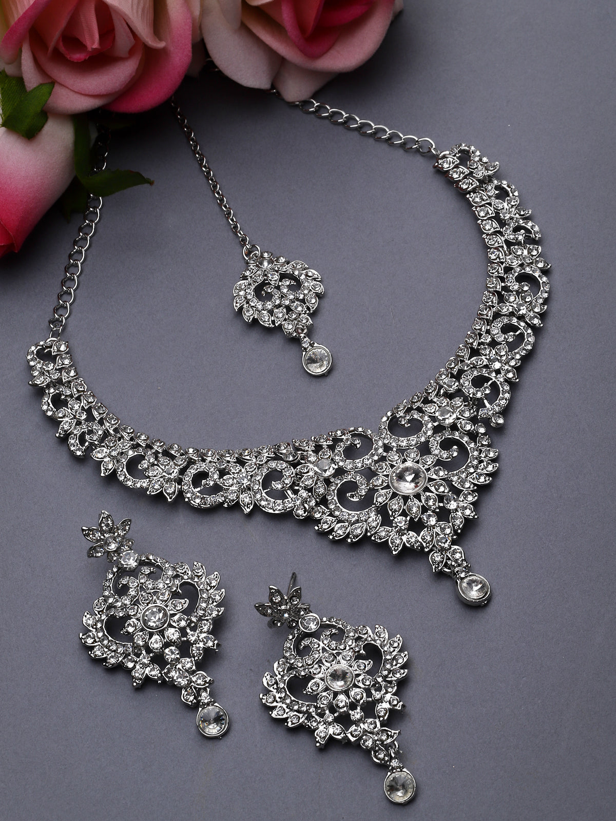 Sukkhi Magnifecent Rhodium Plated Silver AD White Stones Collar Bone Necklace Set With Earring And Maangtika | Jewellery Set For Women (NS105570)