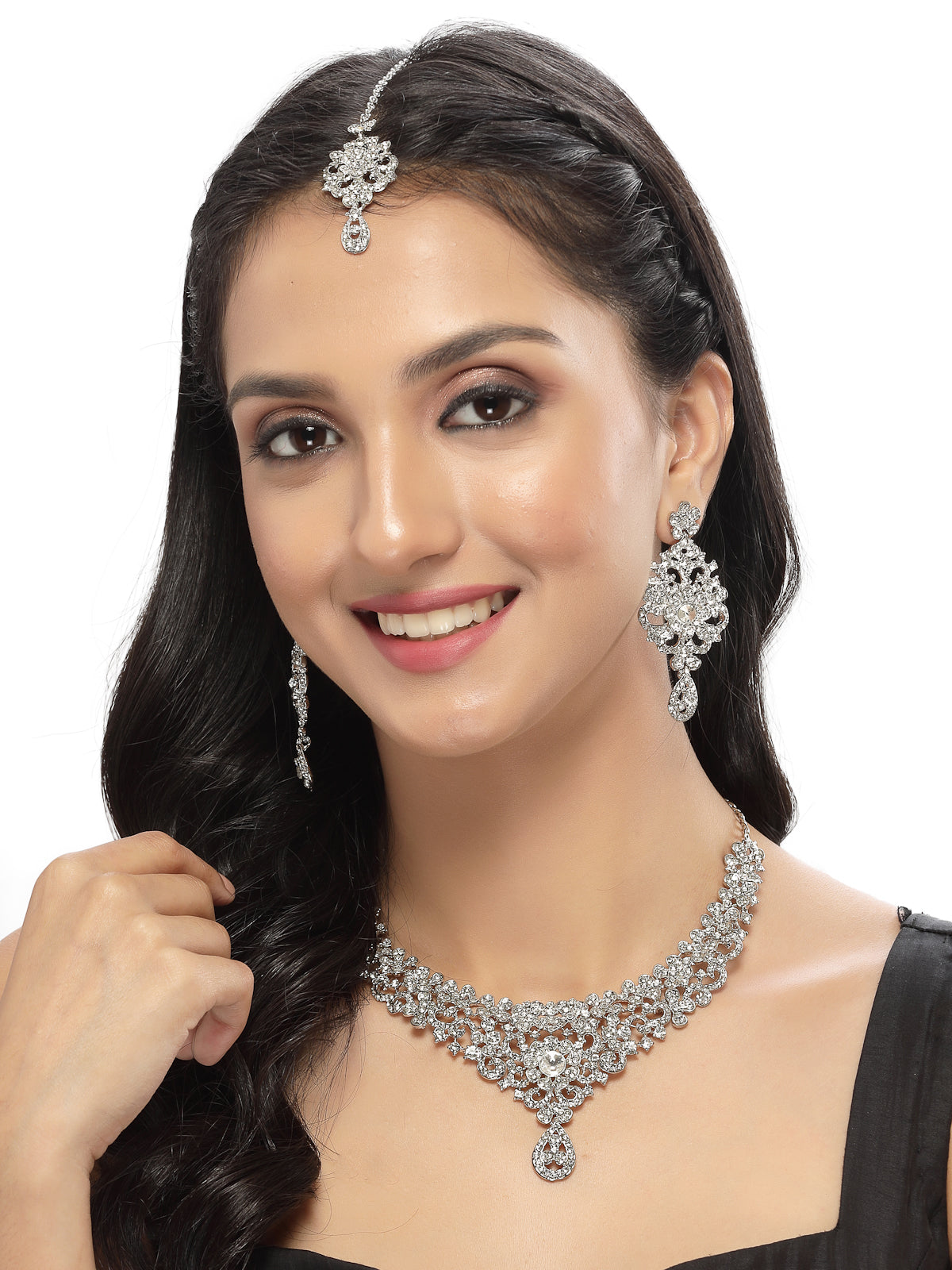 Sukkhi Memorable Rhodium Plated Silver AD White Stones Collar Bone Necklace Set With Earring And Maangtika | Jewellery Set For Women (NS105571)
