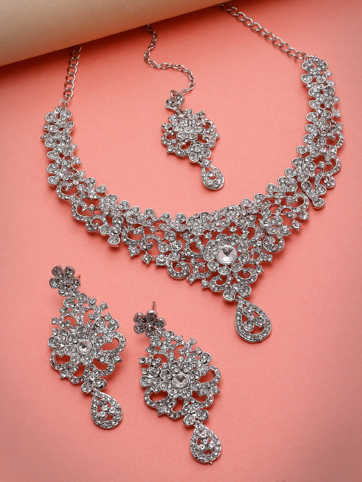Sukkhi Memorable Rhodium Plated Silver AD White Stones Collar Bone Necklace Set With Earring And Maangtika | Jewellery Set For Women (NS105571)