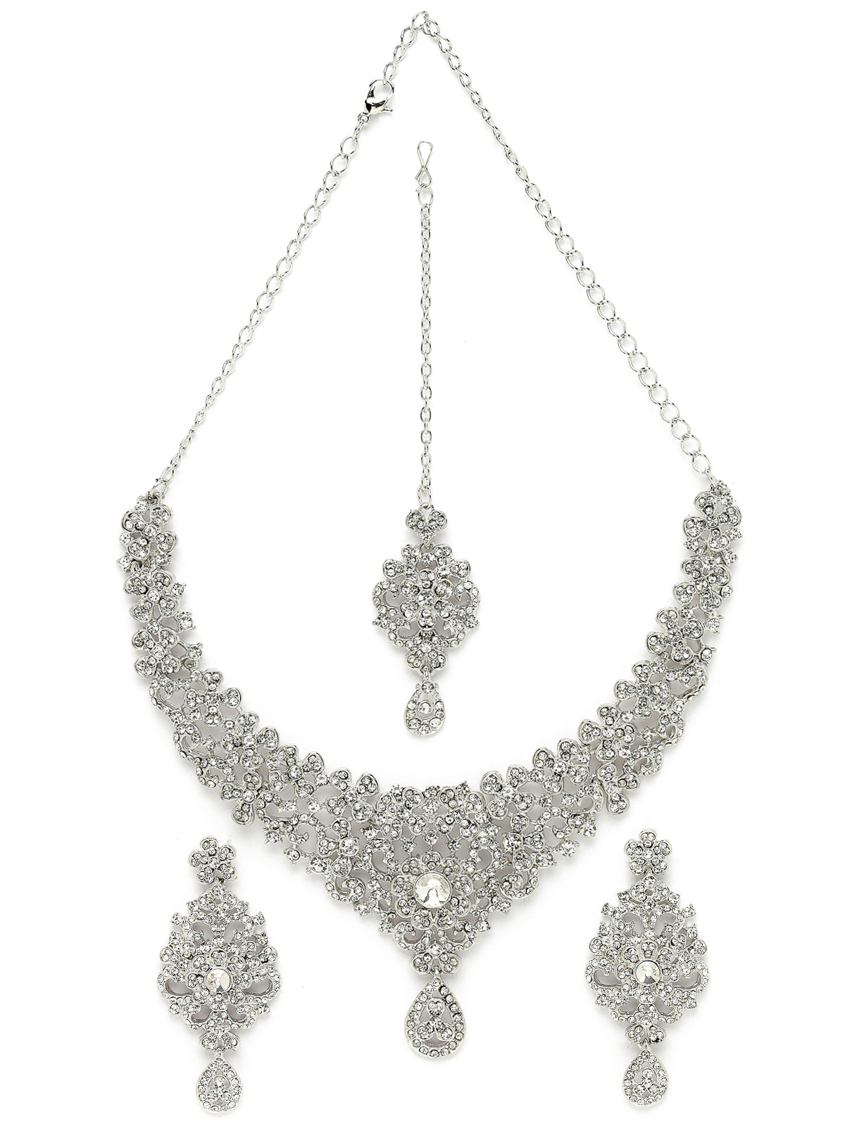 Sukkhi Memorable Rhodium Plated Silver AD White Stones Collar Bone Necklace Set With Earring And Maangtika | Jewellery Set For Women (NS105571)