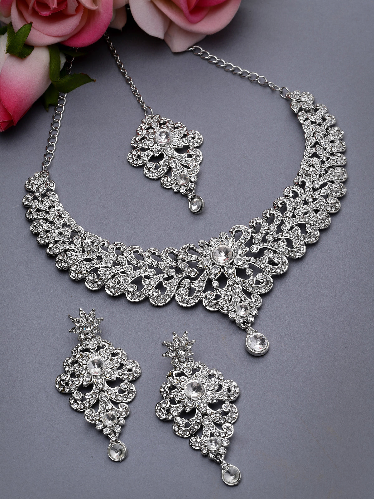 Sukkhi Awesome Rhodium Plated Silver AD White Stones Collar Bone Necklace Set With Earring And Maangtika | Jewellery Set For Women (NS105572)