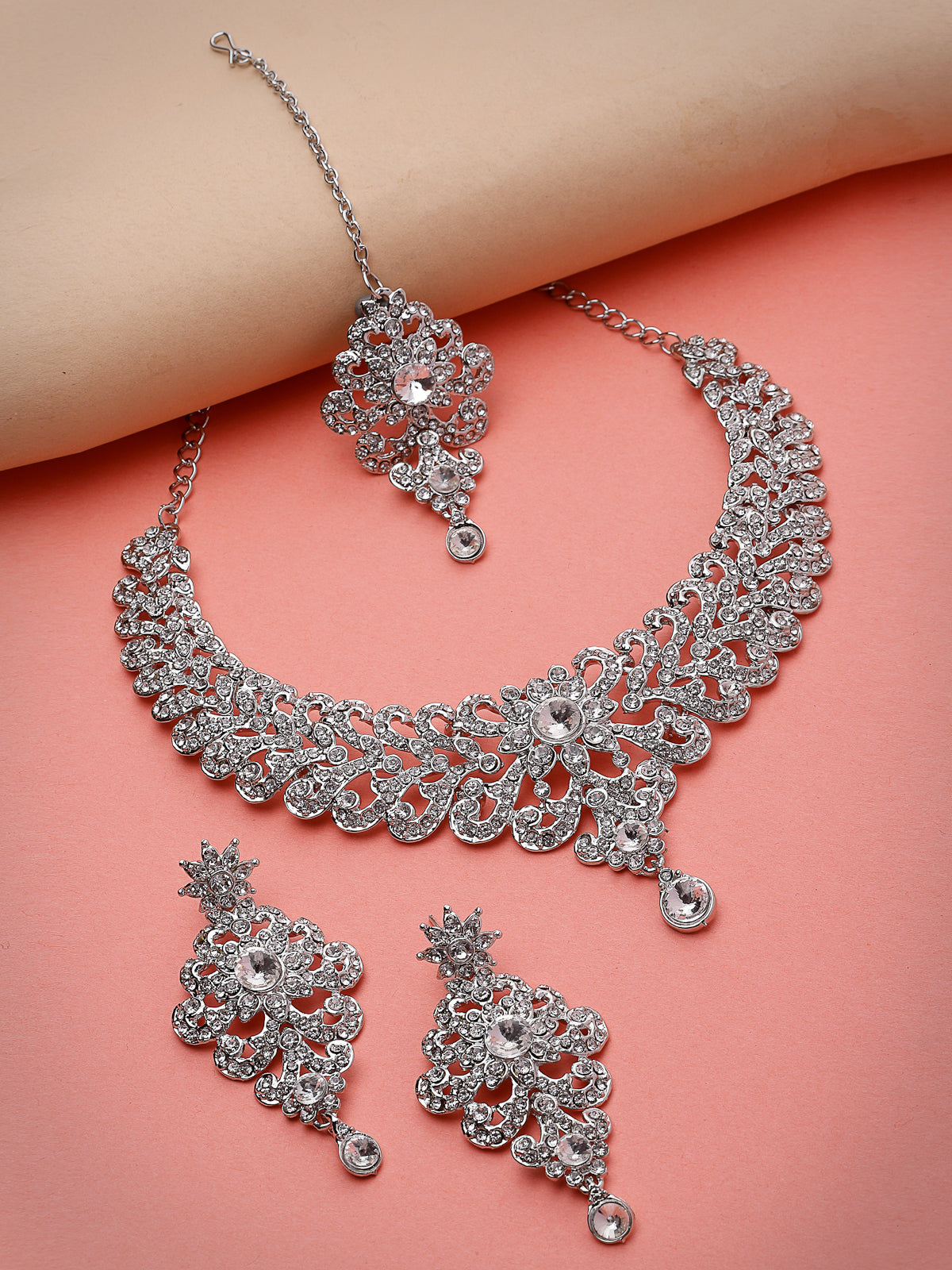 Sukkhi Awesome Rhodium Plated Silver AD White Stones Collar Bone Necklace Set With Earring And Maangtika | Jewellery Set For Women (NS105572)