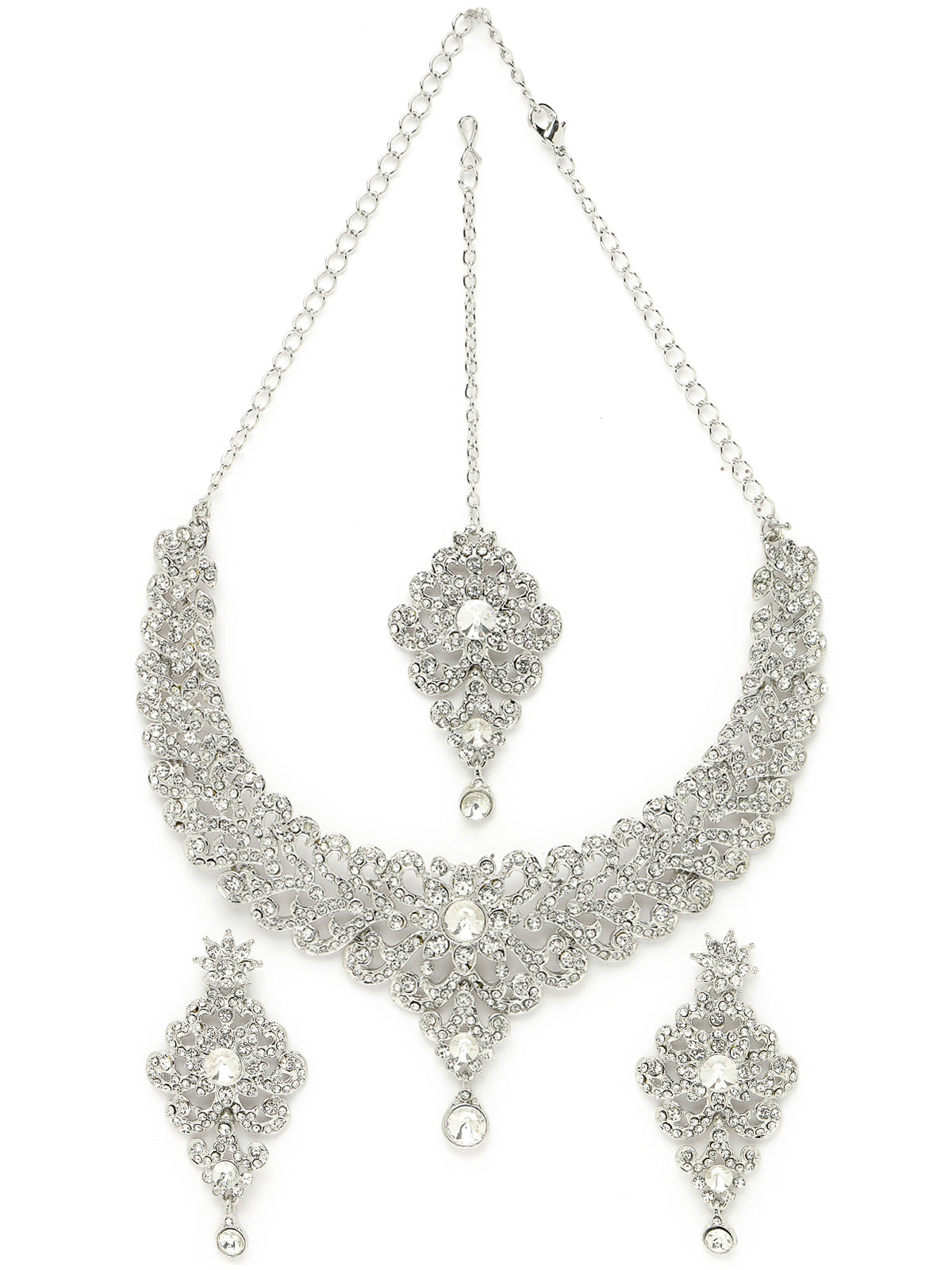 Sukkhi Awesome Rhodium Plated Silver AD White Stones Collar Bone Necklace Set With Earring And Maangtika | Jewellery Set For Women (NS105572)