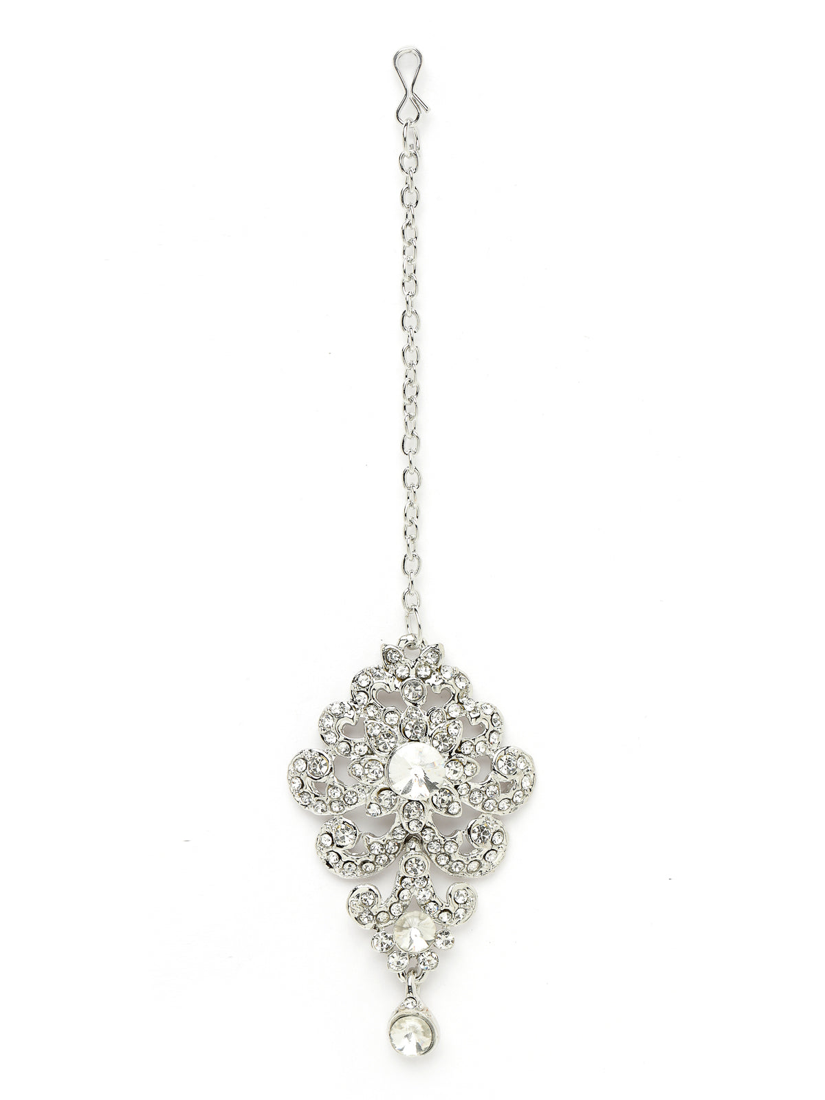 Sukkhi Awesome Rhodium Plated Silver AD White Stones Collar Bone Necklace Set With Earring And Maangtika | Jewellery Set For Women (NS105572)