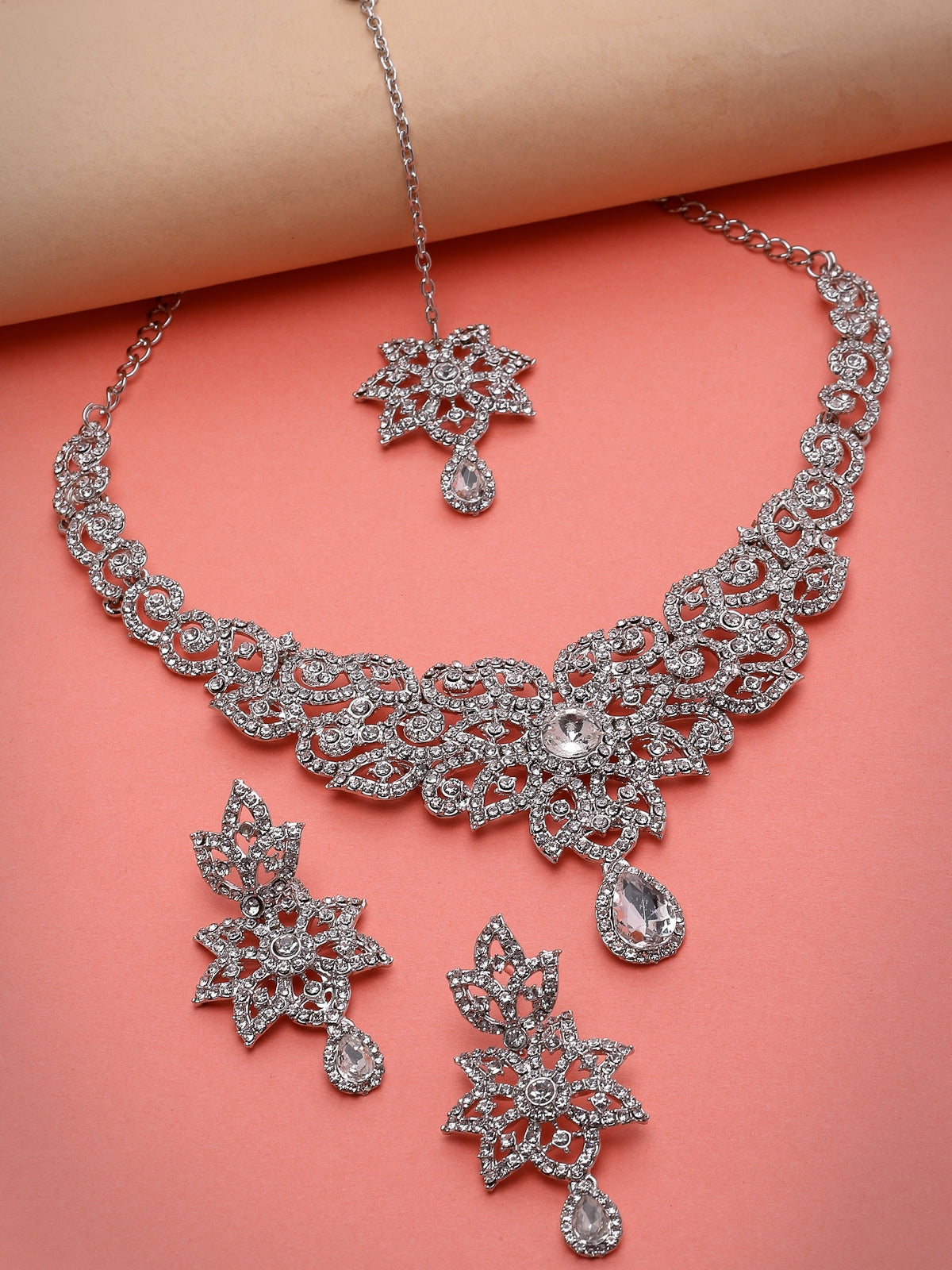 Sukkhi Gracious Rhodium Plated Silver AD White Stones Collar Bone Necklace Set With Earring And Maangtika | Jewellery Set For Women (NS105573)