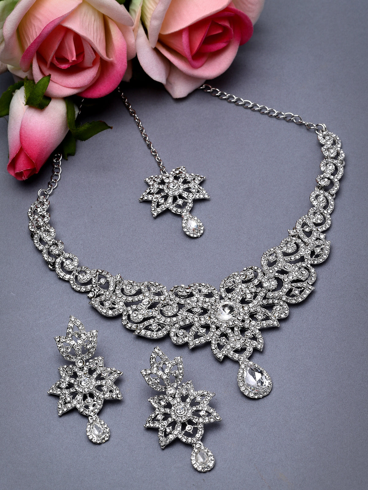 Sukkhi Gracious Rhodium Plated Silver AD White Stones Collar Bone Necklace Set With Earring And Maangtika | Jewellery Set For Women (NS105573)