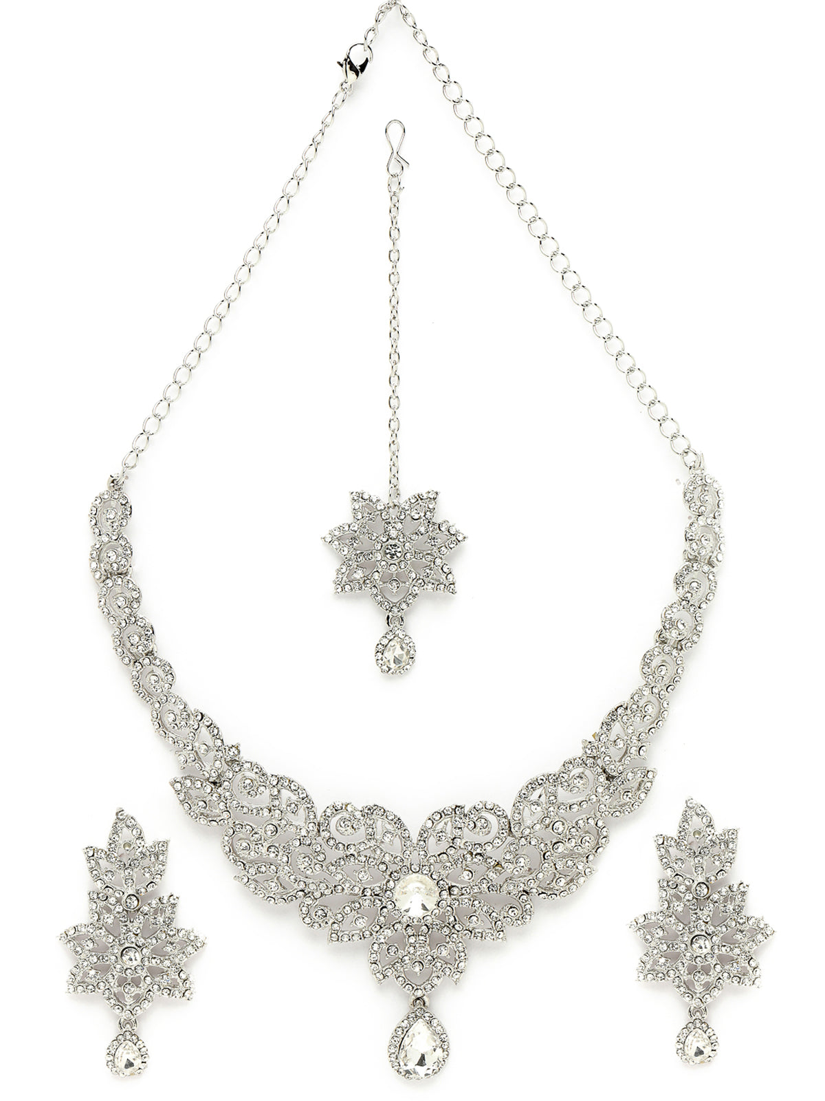 Sukkhi Gracious Rhodium Plated Silver AD White Stones Collar Bone Necklace Set With Earring And Maangtika | Jewellery Set For Women (NS105573)