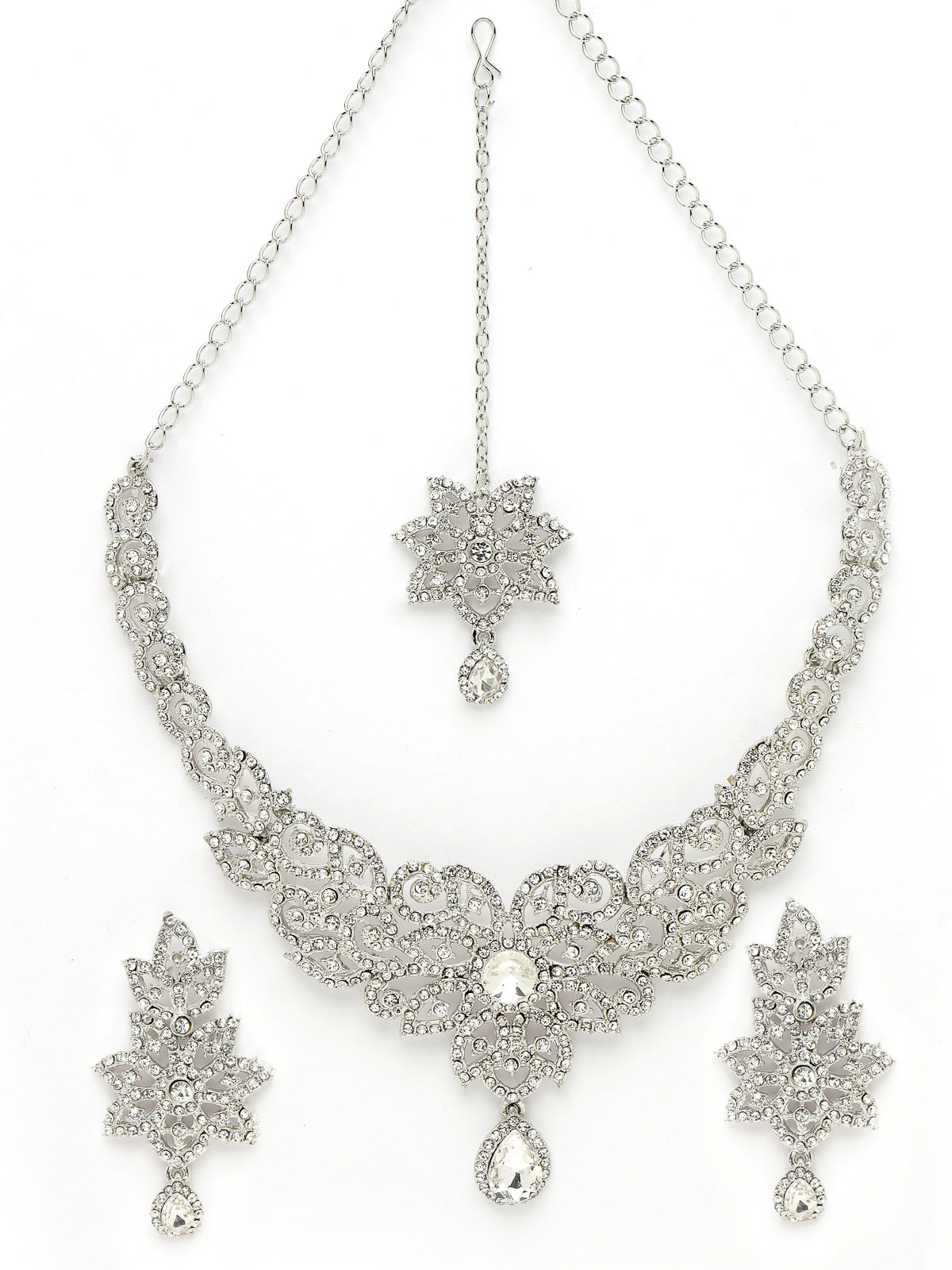 Sukkhi Gracious Rhodium Plated Silver AD White Stones Collar Bone Necklace Set With Earring And Maangtika | Jewellery Set For Women (NS105573)