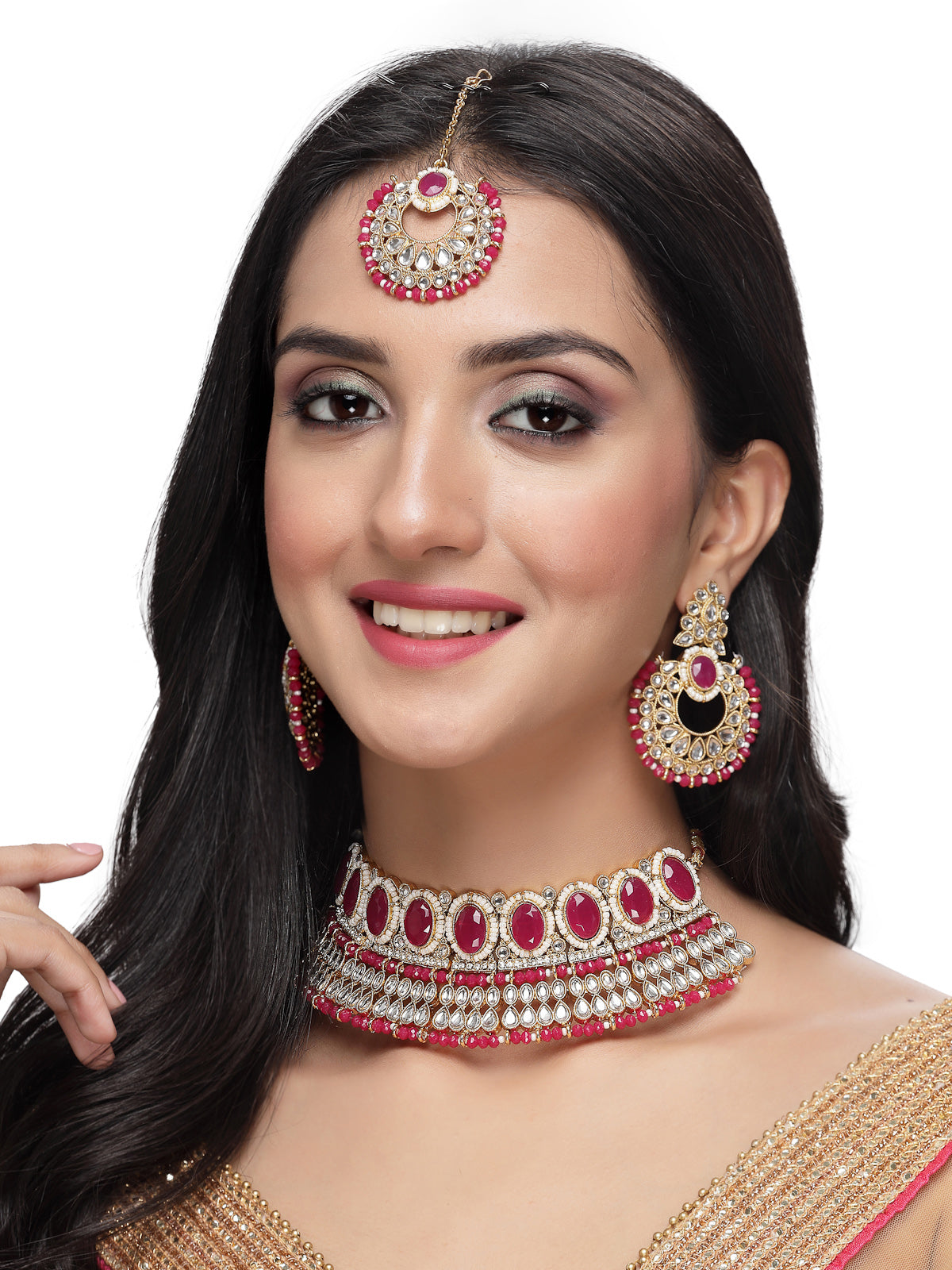 Sukkhi Delightful Trendy Gold Plated Rani Pink Kundan & Beads Choker Necklace Set With Earring And Maangtika | Jewellery Set For Women (NS105574)