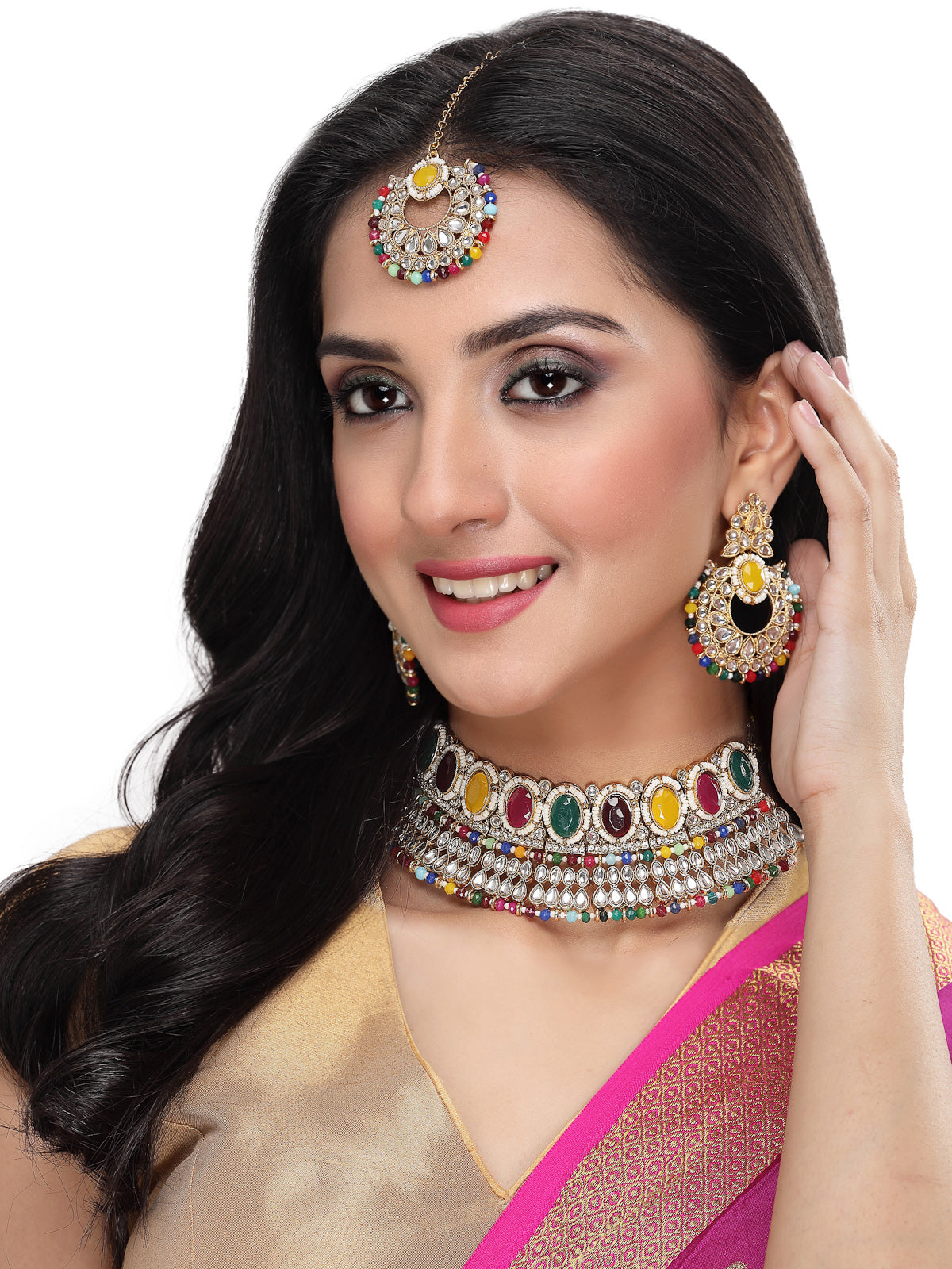 Sukkhi Delightful Trendy Gold Plated Multi Kundan & Beads Choker Necklace Set With Earring And Maangtika | Jewellery Set For Women (NS105575)