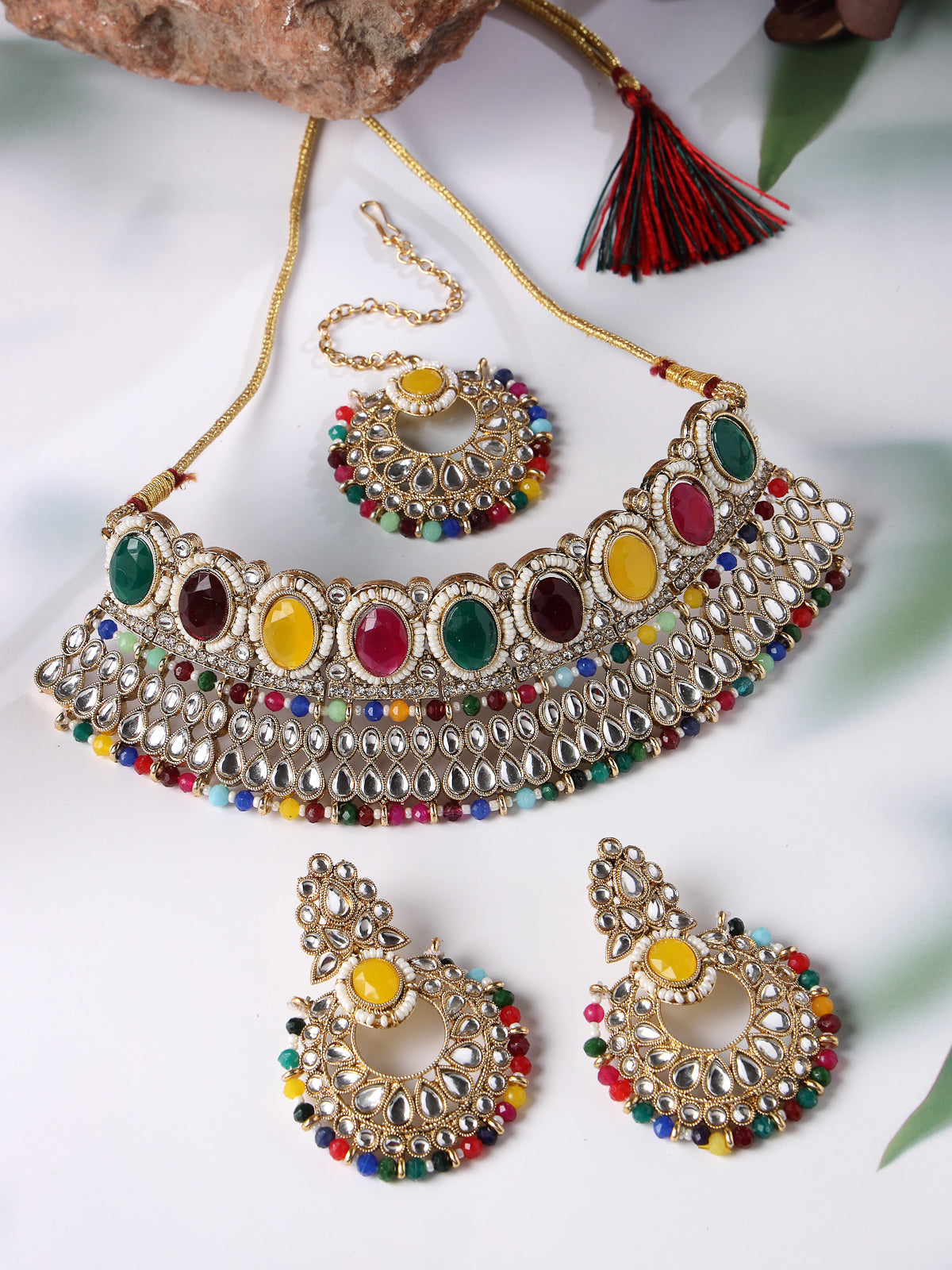 Sukkhi Delightful Trendy Gold Plated Multi Kundan & Beads Choker Necklace Set With Earring And Maangtika | Jewellery Set For Women (NS105575)
