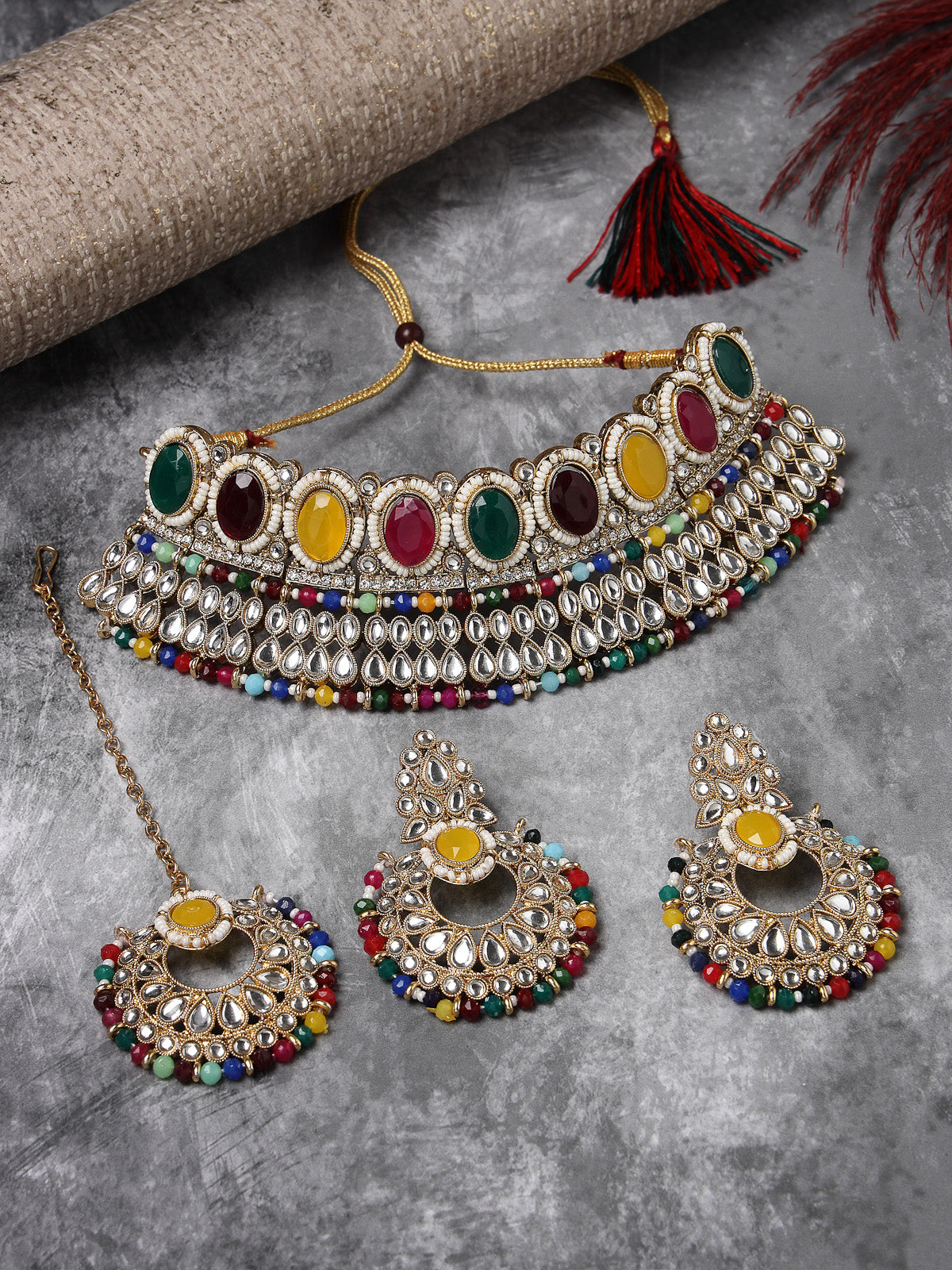 Sukkhi Delightful Trendy Gold Plated Multi Kundan & Beads Choker Necklace Set With Earring And Maangtika | Jewellery Set For Women (NS105575)
