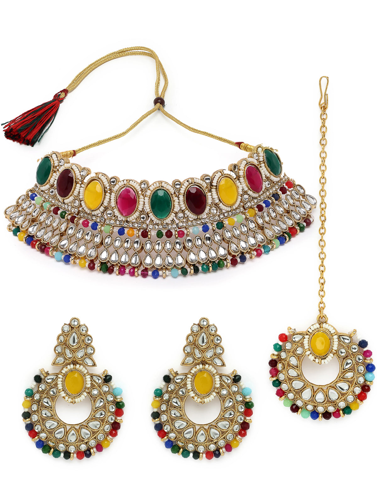Sukkhi Delightful Trendy Gold Plated Multi Kundan & Beads Choker Necklace Set With Earring And Maangtika | Jewellery Set For Women (NS105575)