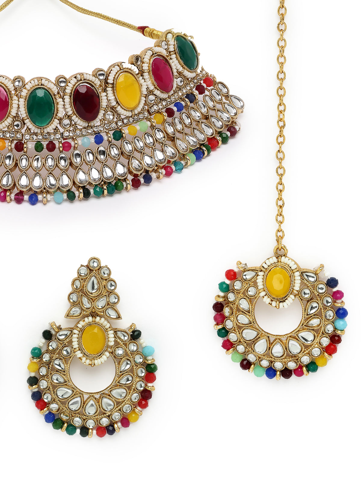 Sukkhi Delightful Trendy Gold Plated Multi Kundan & Beads Choker Necklace Set With Earring And Maangtika | Jewellery Set For Women (NS105575)