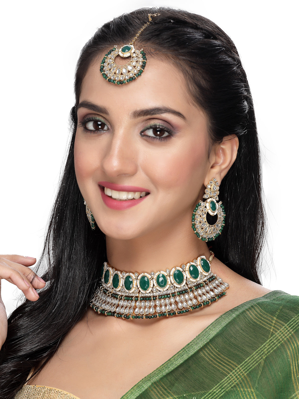 Sukkhi Delightful Trendy Gold Plated Green Kundan & Beads Choker Necklace Set With Earring And Maangtika | Jewellery Set For Women (NS105577)