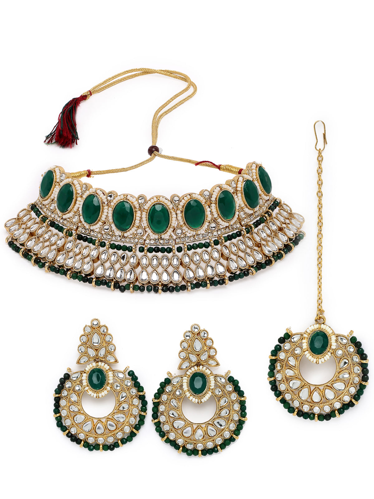 Sukkhi Delightful Trendy Gold Plated Green Kundan & Beads Choker Necklace Set With Earring And Maangtika | Jewellery Set For Women (NS105577)