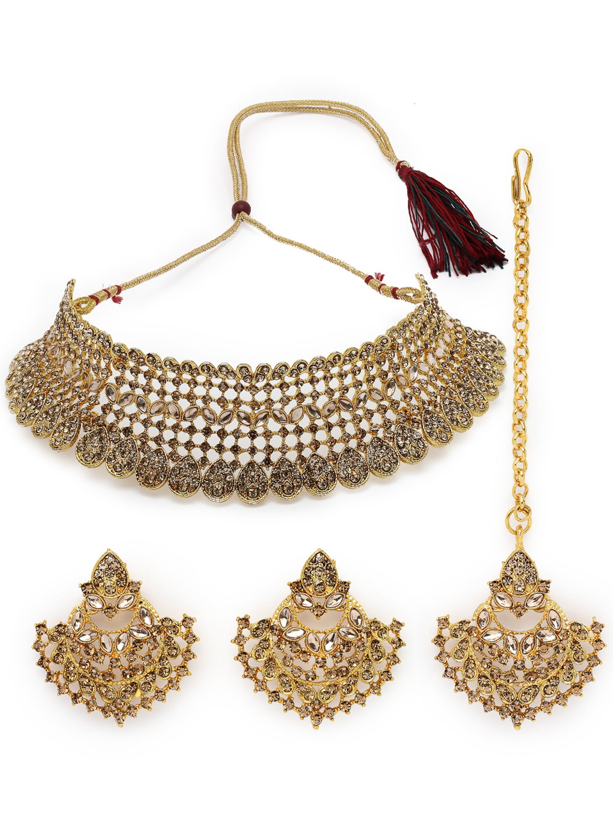 Sukkhi Graceful Curve Shaped Gold Plated LCT AD Stone Choker Necklace Set With Earring And Maangtika | Jewellery Set For Women (NS105578)
