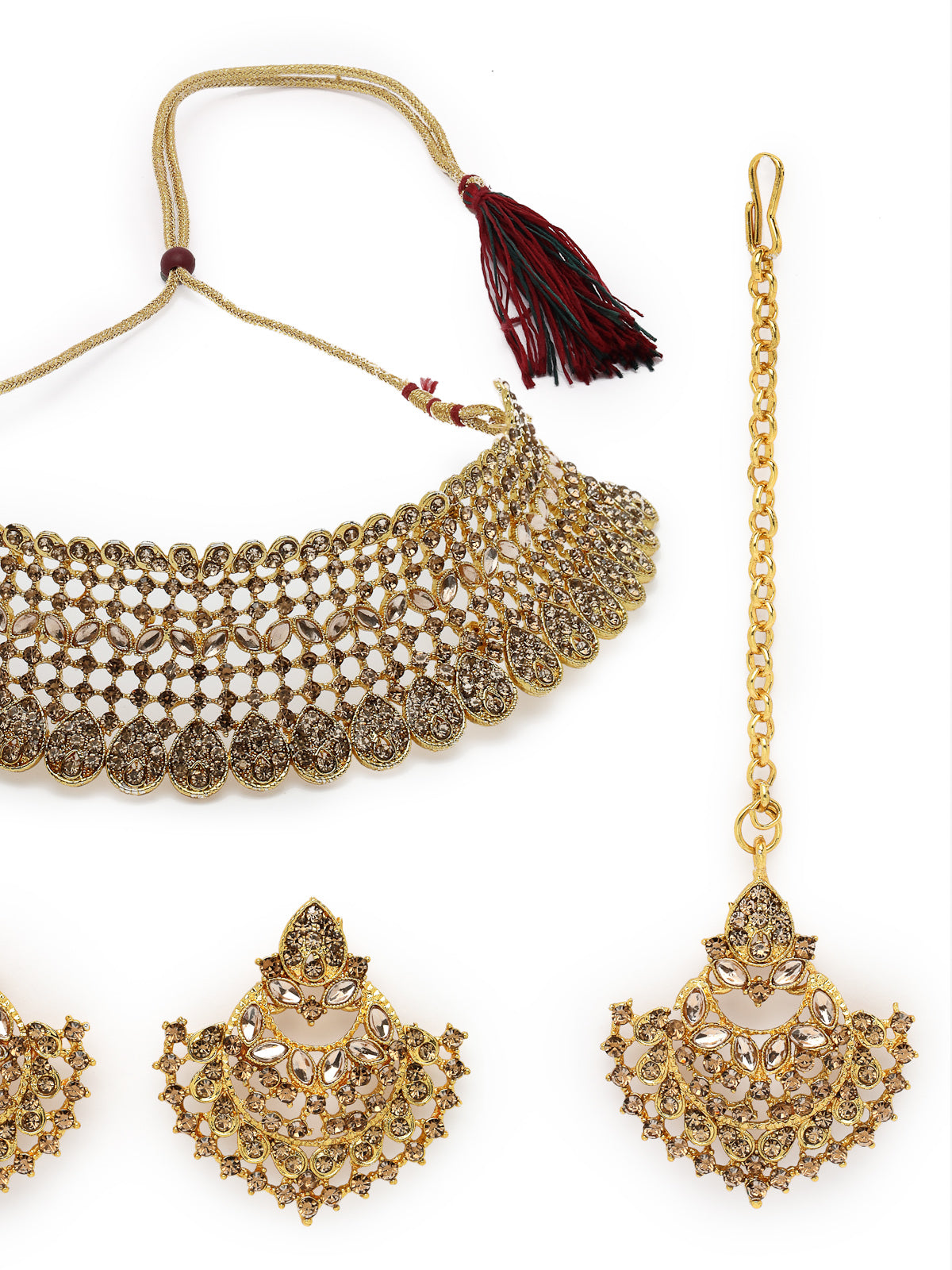 Sukkhi Graceful Curve Shaped Gold Plated LCT AD Stone Choker Necklace Set With Earring And Maangtika | Jewellery Set For Women (NS105578)