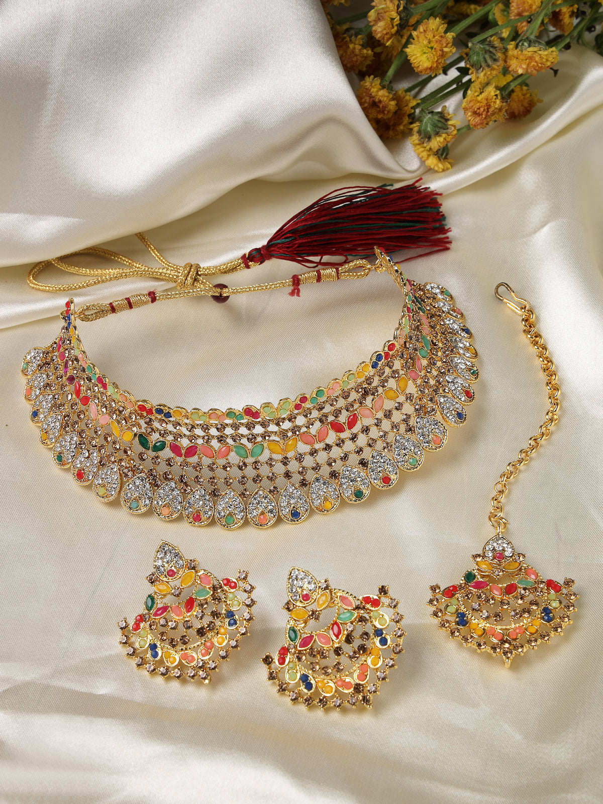 Sukkhi Graceful Curve Shaped Gold Plated Multicolor AD Stone Choker Necklace Set With Earring And Maangtika | Jewellery Set For Women (NS105579)