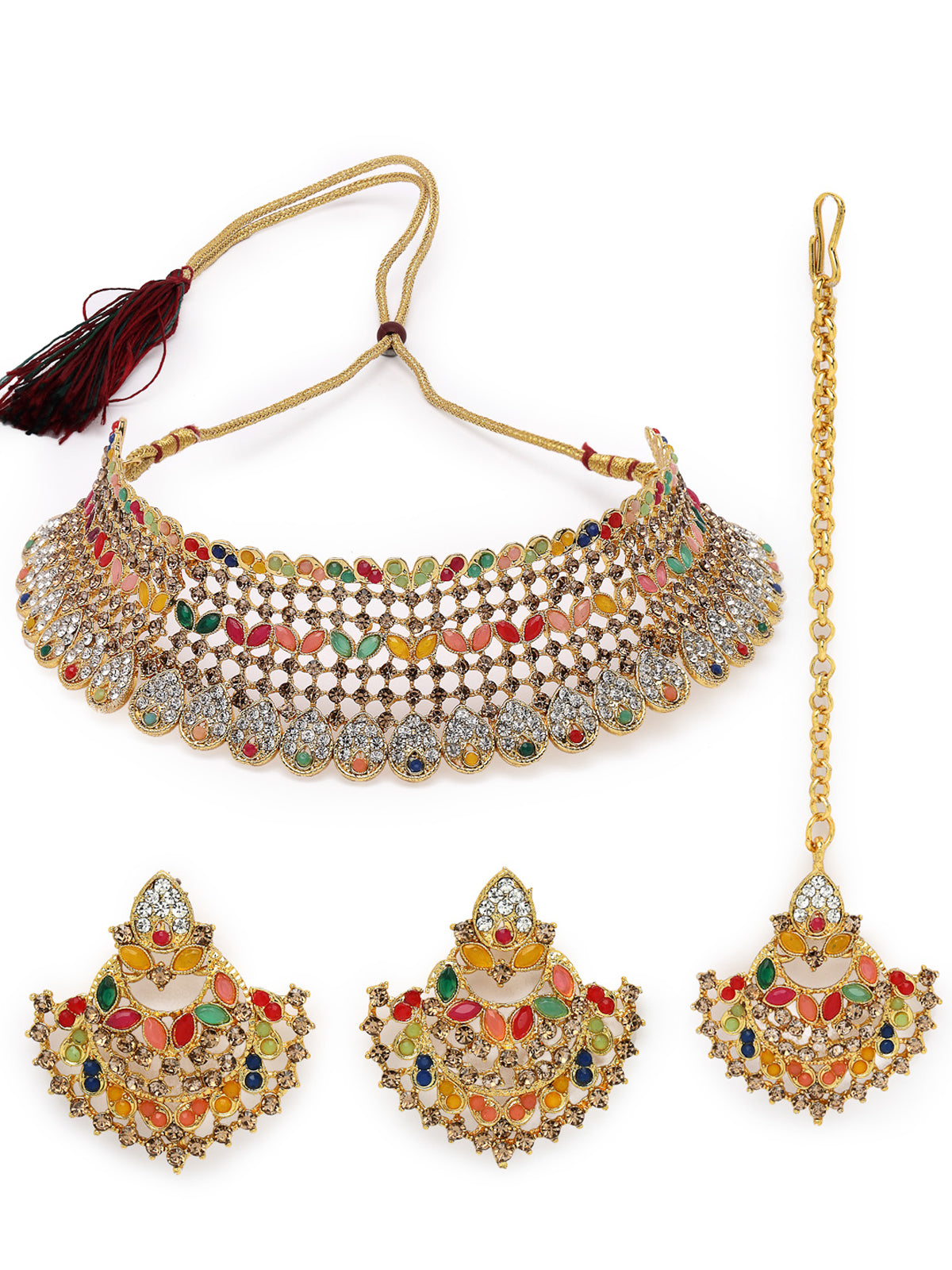 Sukkhi Graceful Curve Shaped Gold Plated Multicolor AD Stone Choker Necklace Set With Earring And Maangtika | Jewellery Set For Women (NS105579)