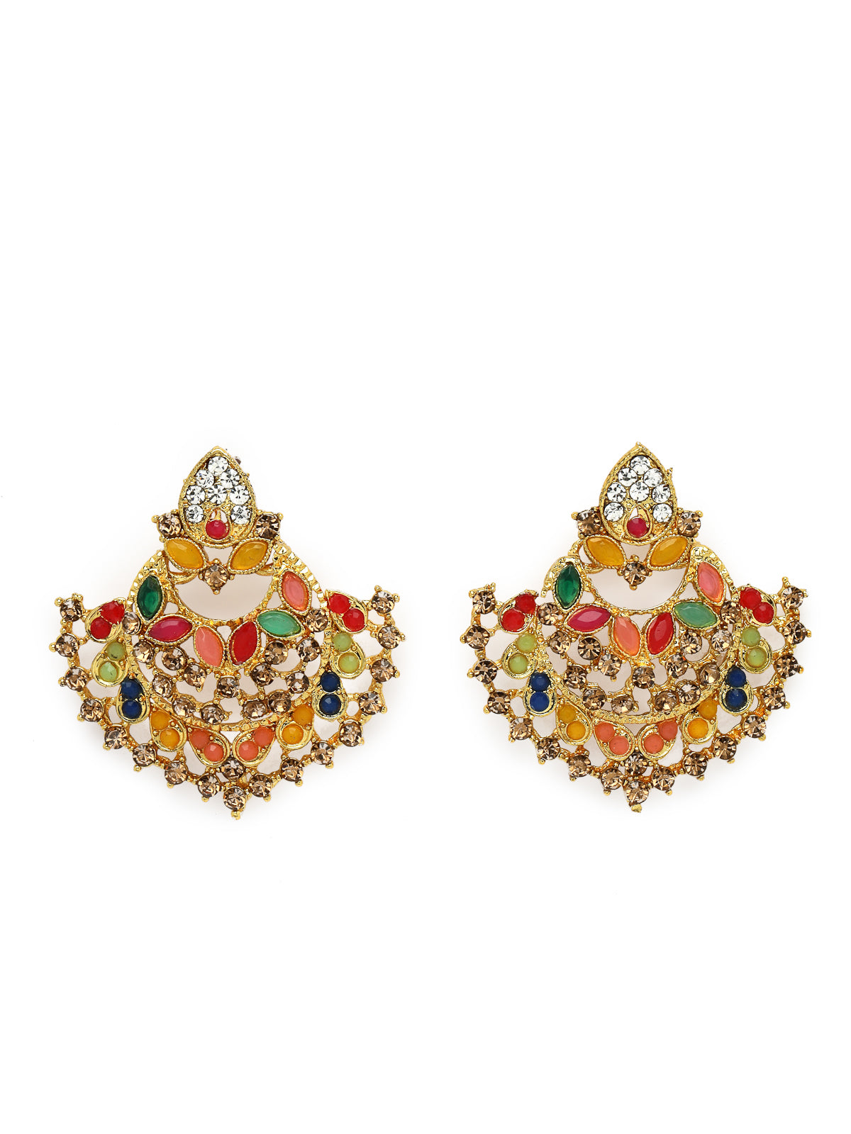 Sukkhi Graceful Curve Shaped Gold Plated Multicolor AD Stone Choker Necklace Set With Earring And Maangtika | Jewellery Set For Women (NS105579)