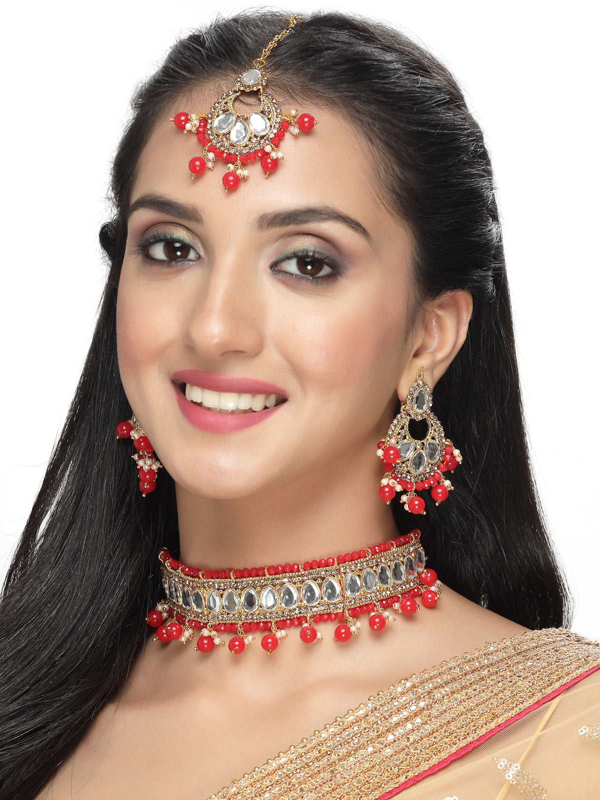 Sukkhi Exciting Gold Plated Red Kundan & Beads Choker Necklace Set With Earring And Maangtika | Jewellery Set For Women (NS105580)