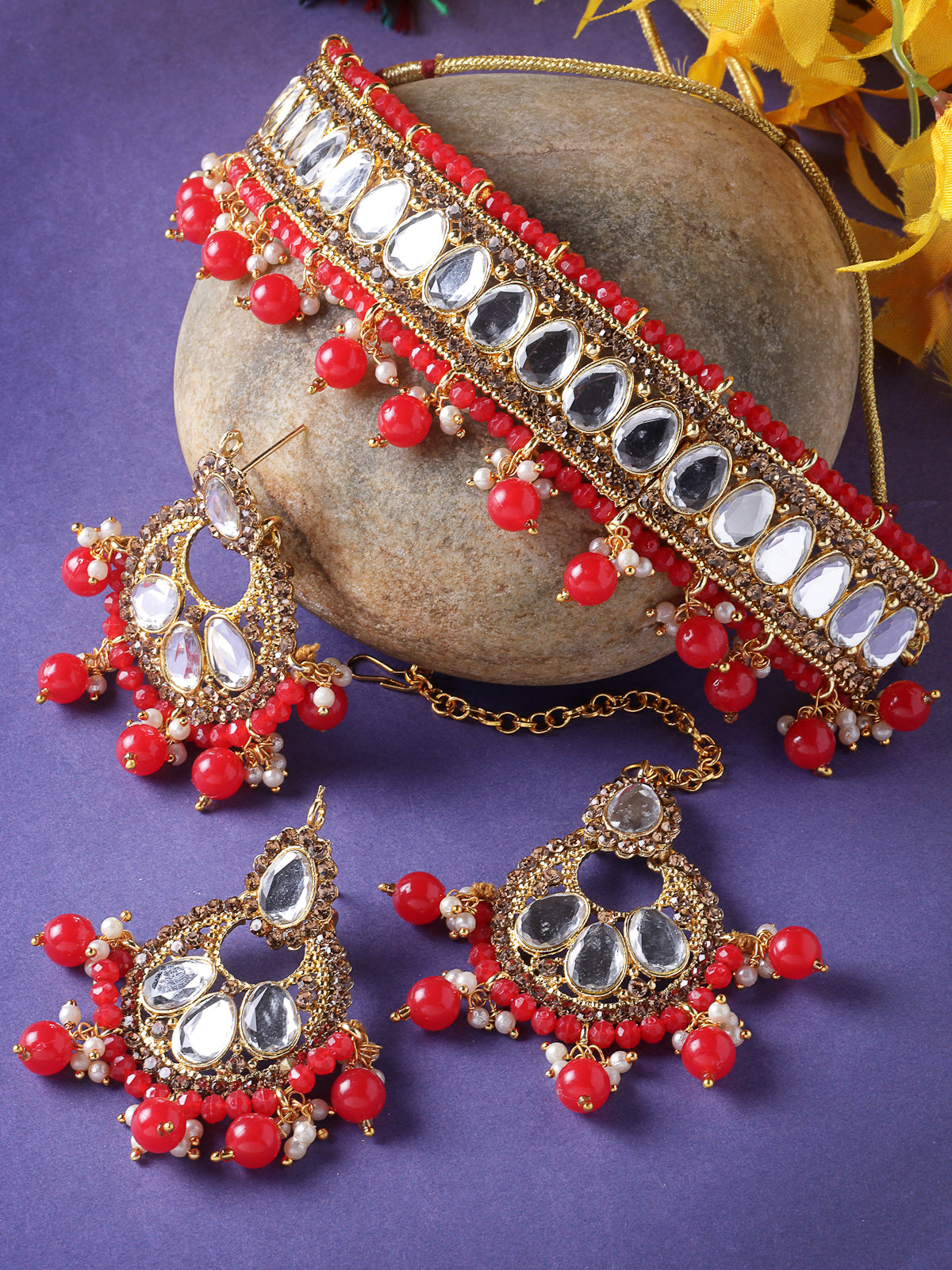 Sukkhi Exciting Gold Plated Red Kundan & Beads Choker Necklace Set With Earring And Maangtika | Jewellery Set For Women (NS105580)