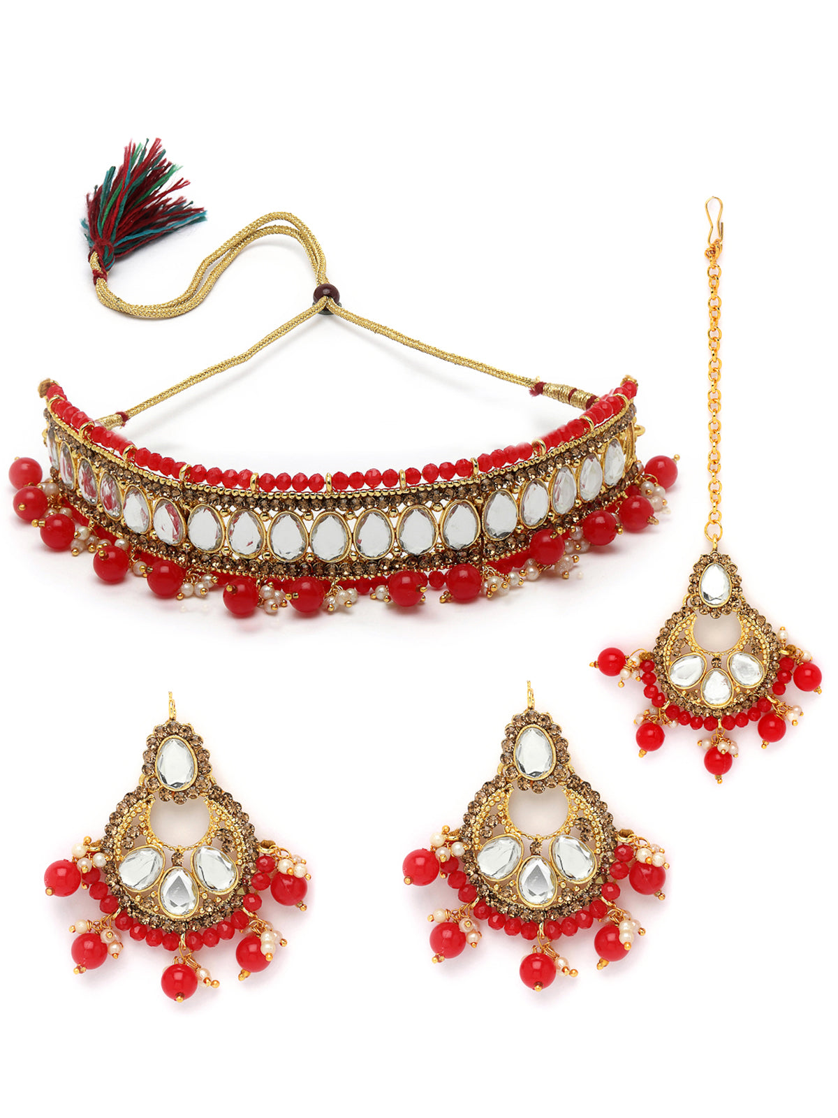 Sukkhi Exciting Gold Plated Red Kundan & Beads Choker Necklace Set With Earring And Maangtika | Jewellery Set For Women (NS105580)