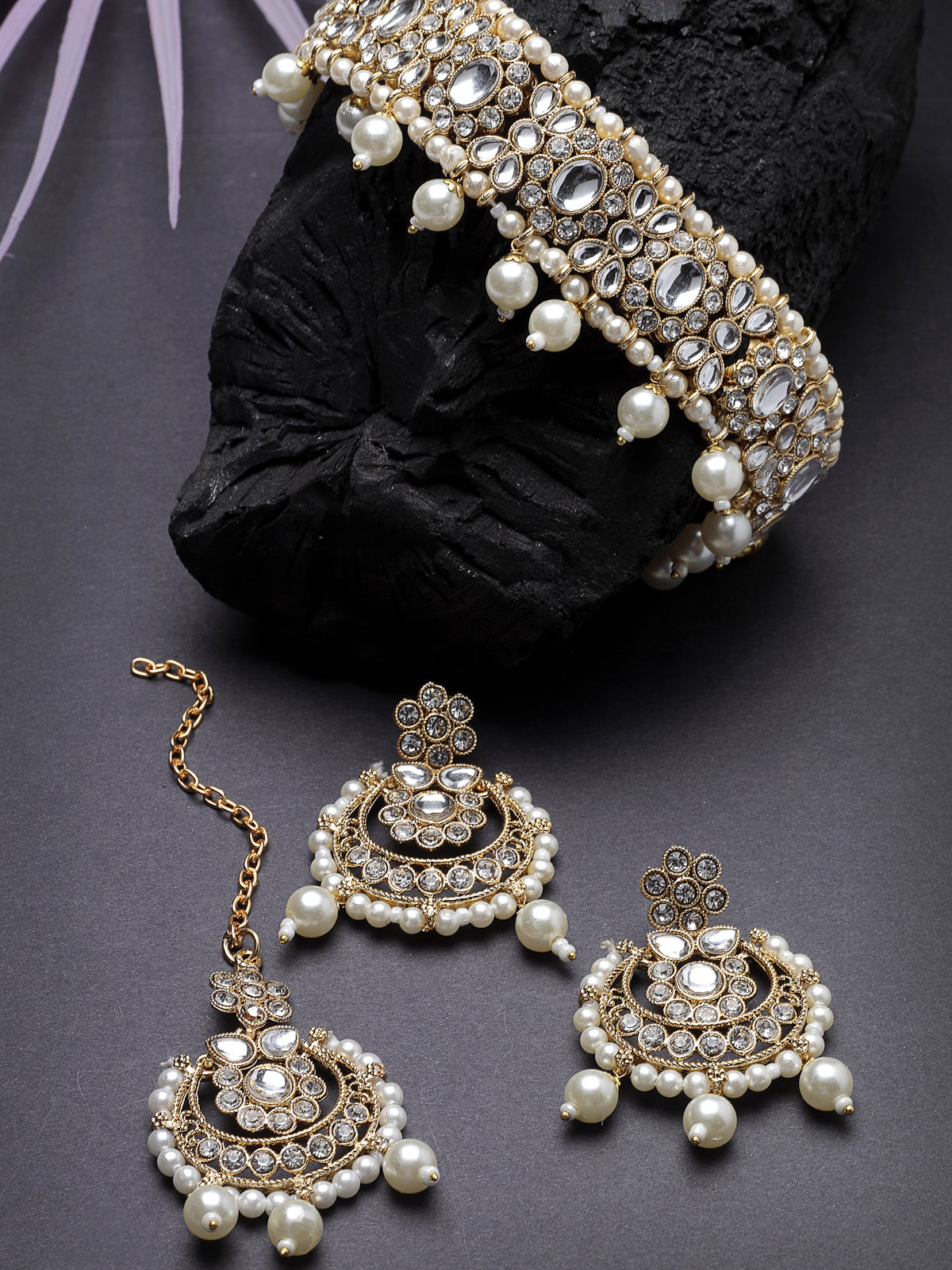 Sukkhi Pretty Traditional Style Gold Plated White Kundan & Beads Choker Necklace Set With Earring And Maangtika | Jewellery Set For Women (NS105582)