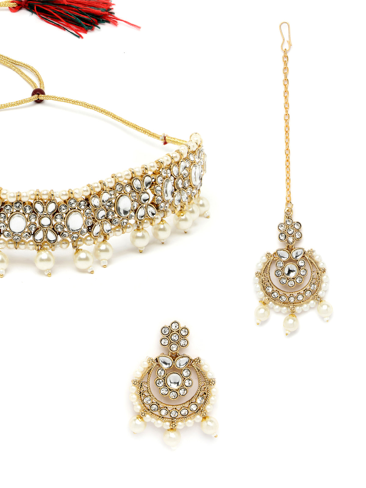 Sukkhi Pretty Traditional Style Gold Plated White Kundan & Beads Choker Necklace Set With Earring And Maangtika | Jewellery Set For Women (NS105582)