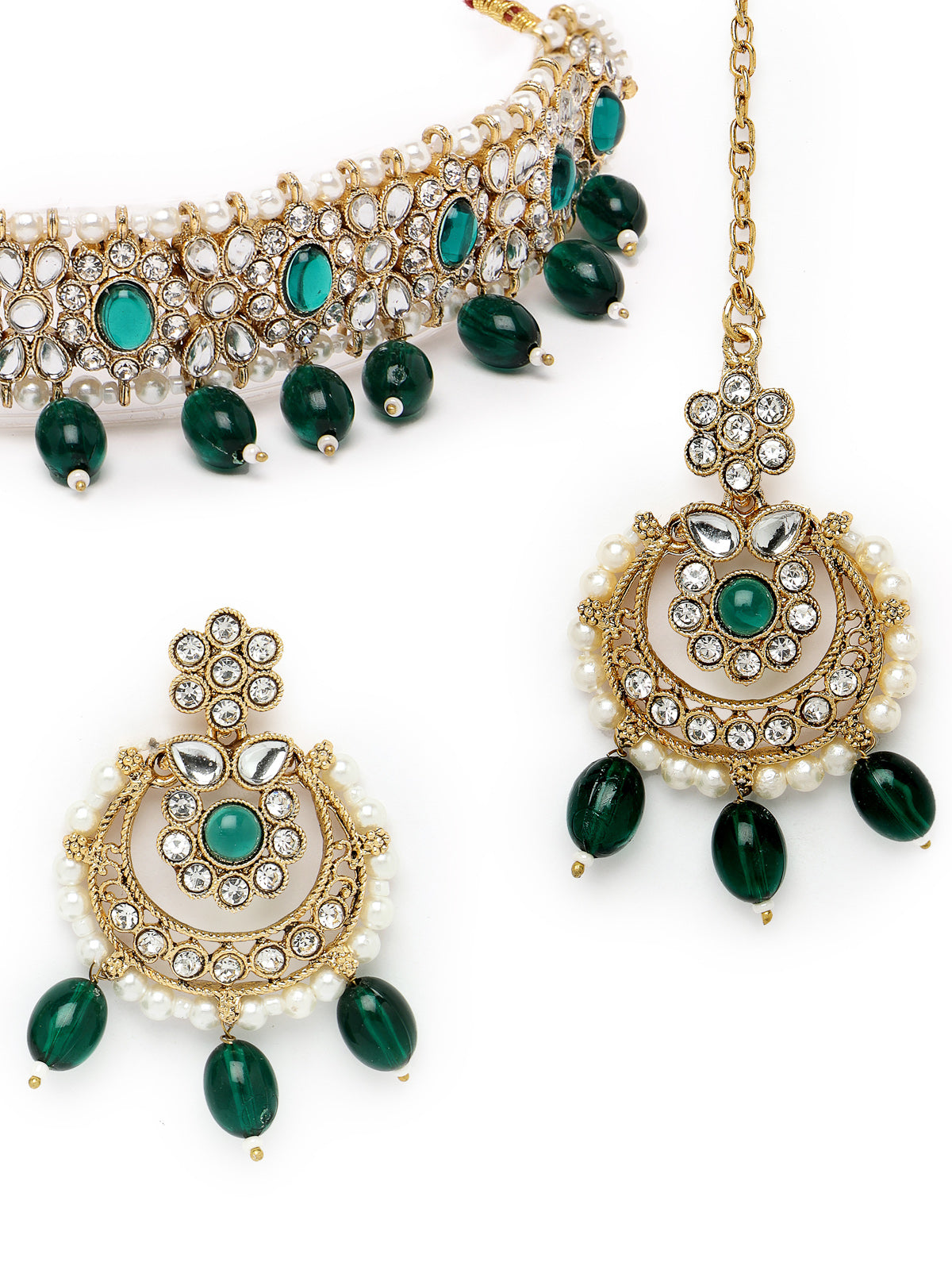 Sukkhi Pretty Traditional Style Gold Plated Green Kundan & Beads Choker Necklace Set With Earring And Maangtika | Jewellery Set For Women (NS105583)