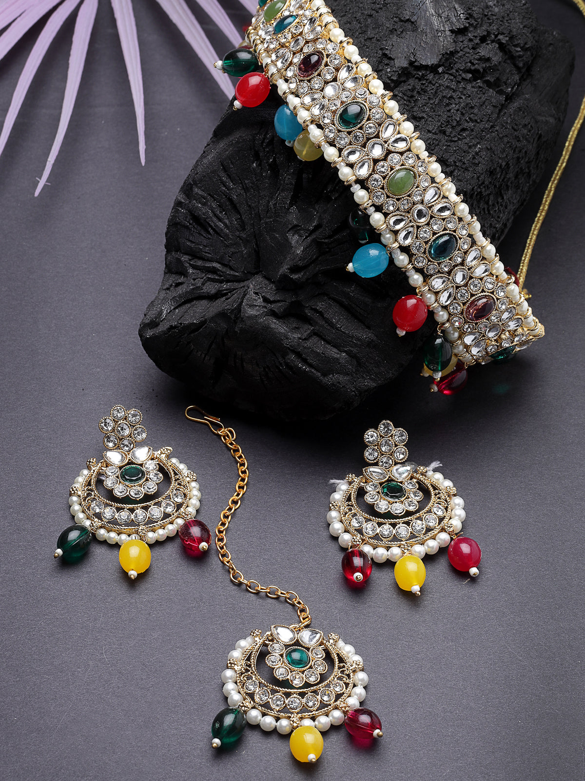 Sukkhi Pretty Traditional Style Gold Plated Multi Kundan & Beads Choker Necklace Set With Earring And Maangtika | Jewellery Set For Women (NS105585)