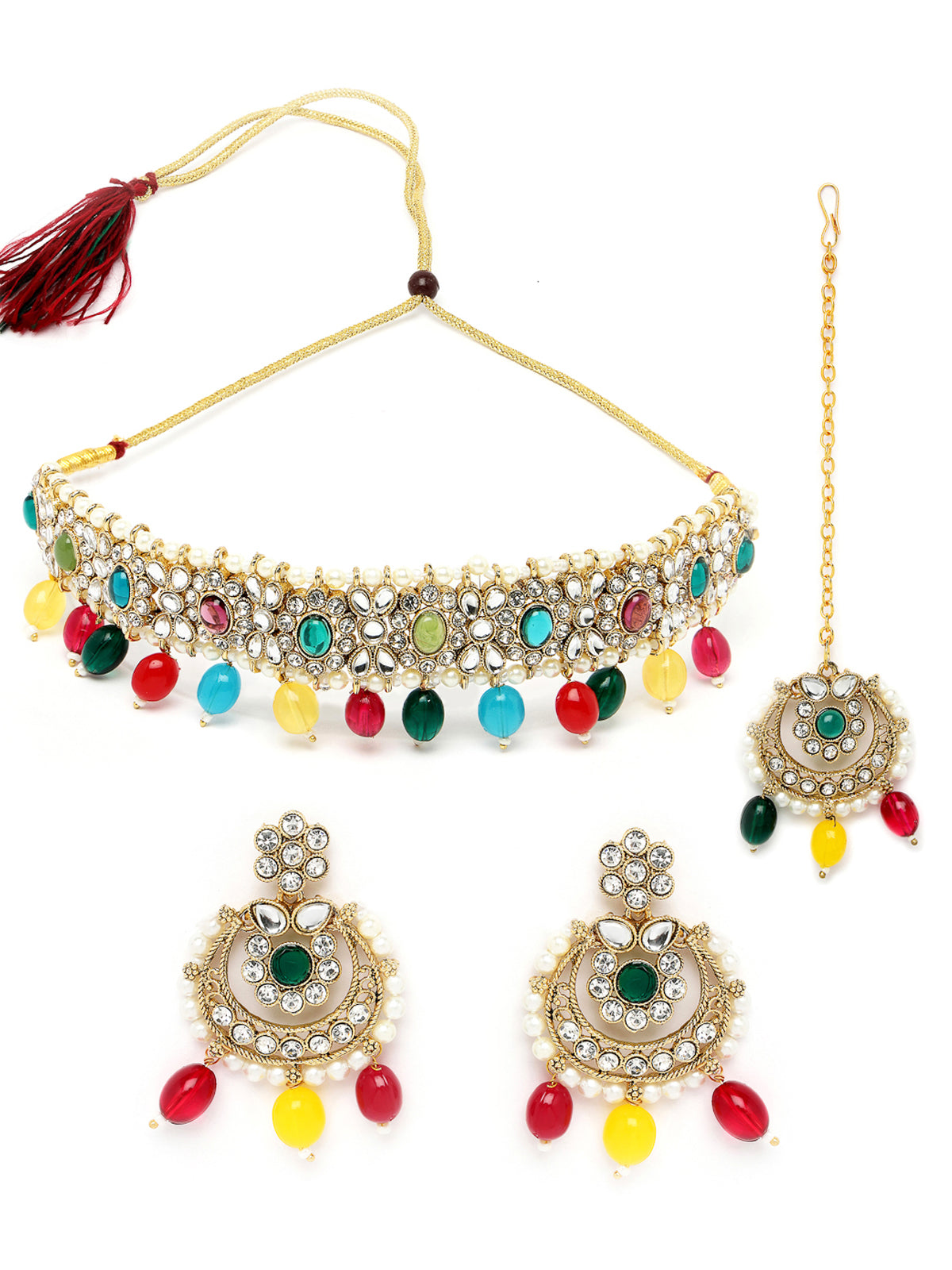Sukkhi Pretty Traditional Style Gold Plated Multi Kundan & Beads Choker Necklace Set With Earring And Maangtika | Jewellery Set For Women (NS105585)