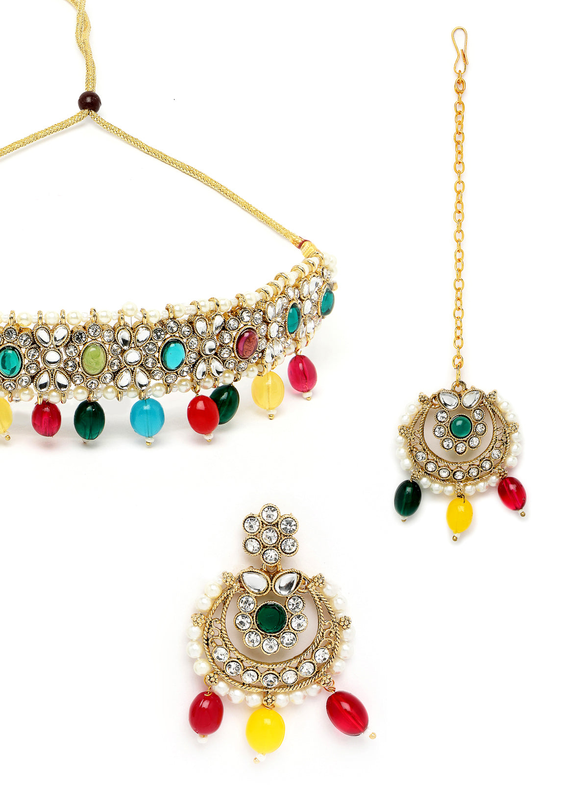 Sukkhi Pretty Traditional Style Gold Plated Multi Kundan & Beads Choker Necklace Set With Earring And Maangtika | Jewellery Set For Women (NS105585)