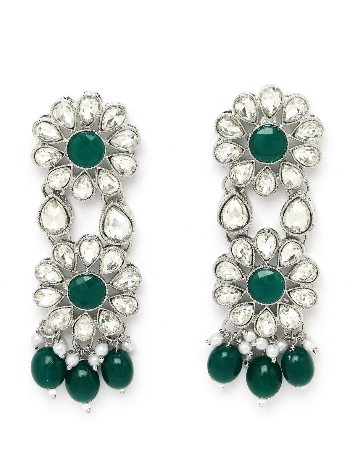 Sukkhi Enchanting Rhodium Plated Green Kundan & Beads Floral Choker Necklace Set With Earring And Maangtika | Jewellery Set For Women (NS105586)