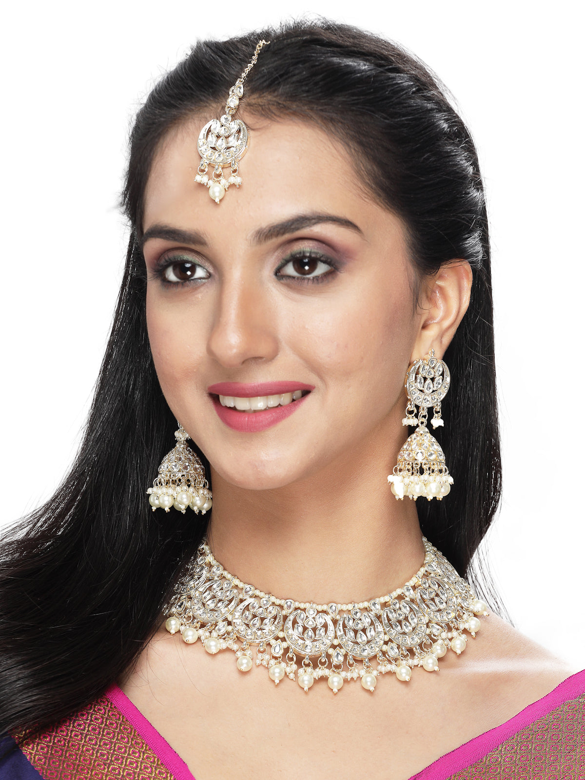 Sukkhi Industrial Gold Plated AD White Stones & Beads Collar Bone Necklace Set With Earring And Maangtika | Jewellery Set For Women (NS105587)