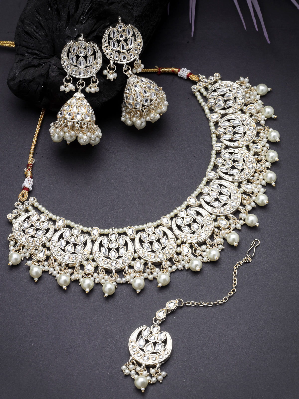 Sukkhi Industrial Gold Plated AD White Stones & Beads Collar Bone Necklace Set With Earring And Maangtika | Jewellery Set For Women (NS105587)