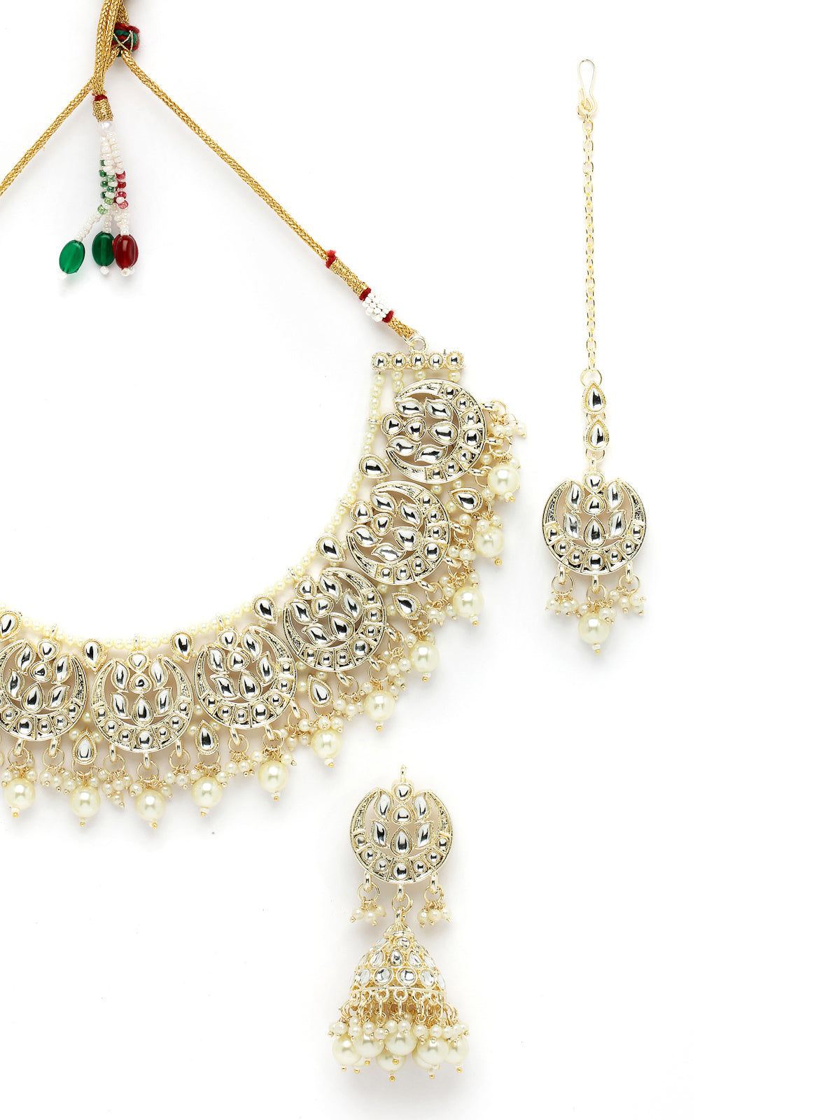 Sukkhi Industrial Gold Plated AD White Stones & Beads Collar Bone Necklace Set With Earring And Maangtika | Jewellery Set For Women (NS105587)