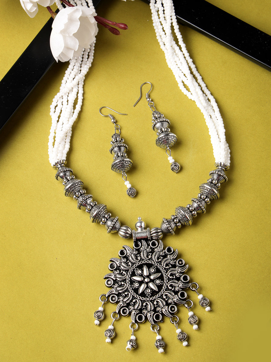 Sukkhi Ethnic Oxidised Silver Plated Floral Stylish Beads Long Necklace Set And Earring | Jewellery Set For Women (NS105588)