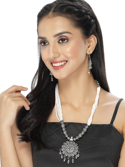 Sukkhi Ethnic Oxidised Silver Plated Floral Stylish Beads Long Necklace Set And Earring | Jewellery Set For Women (NS105588)