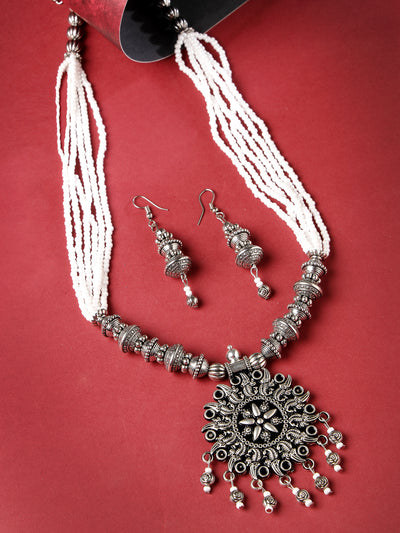 Sukkhi Ethnic Oxidised Silver Plated Floral Stylish Beads Long Necklace Set And Earring | Jewellery Set For Women (NS105588)