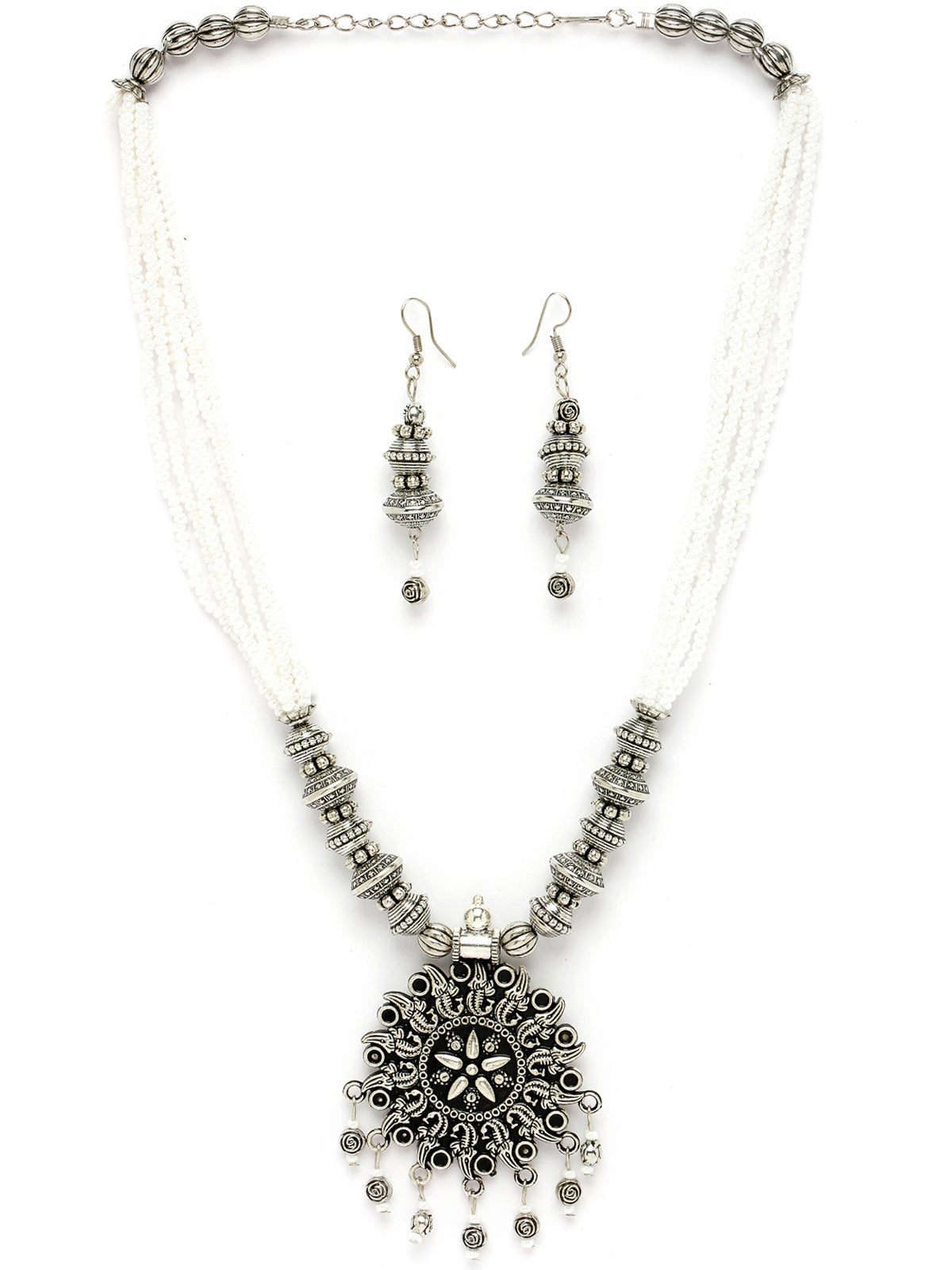 Sukkhi Ethnic Oxidised Silver Plated Floral Stylish Beads Long Necklace Set And Earring | Jewellery Set For Women (NS105588)