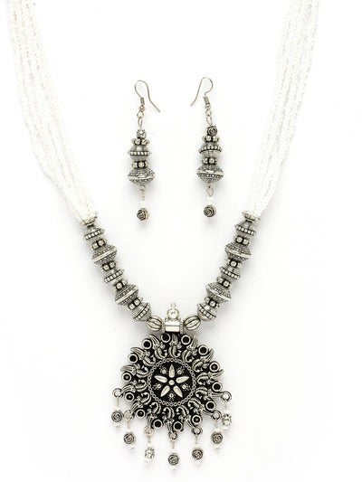 Sukkhi Ethnic Oxidised Silver Plated Floral Stylish Beads Long Necklace Set And Earring | Jewellery Set For Women (NS105588)