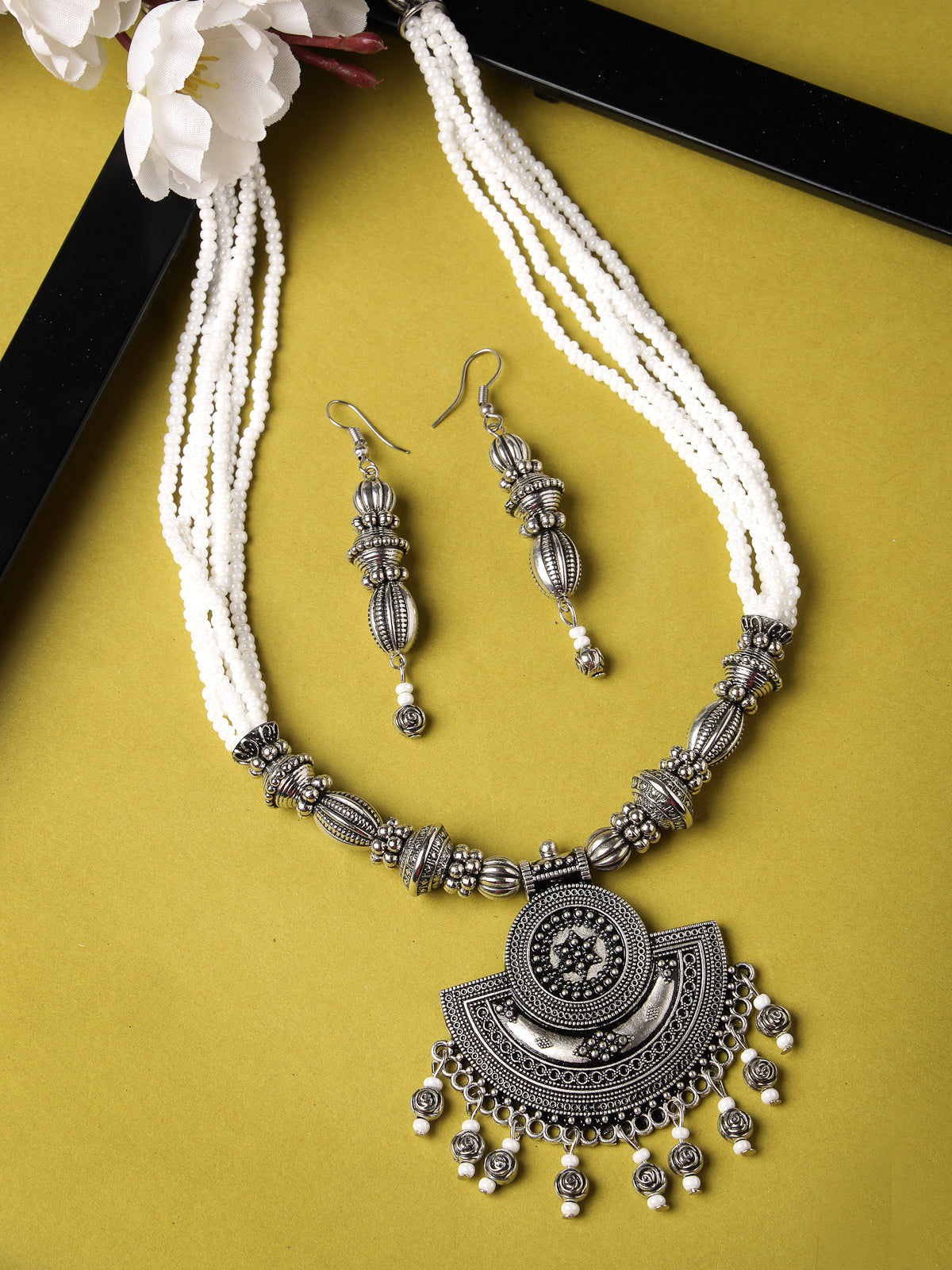 Sukkhi Ethnic Oxidised Silver Plated Stylish Beads Long Necklace Set And Earring | Jewellery Set For Women (NS105589)