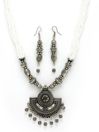 Sukkhi Ethnic Oxidised Silver Plated Stylish Beads Long Necklace Set And Earring | Jewellery Set For Women (NS105589)