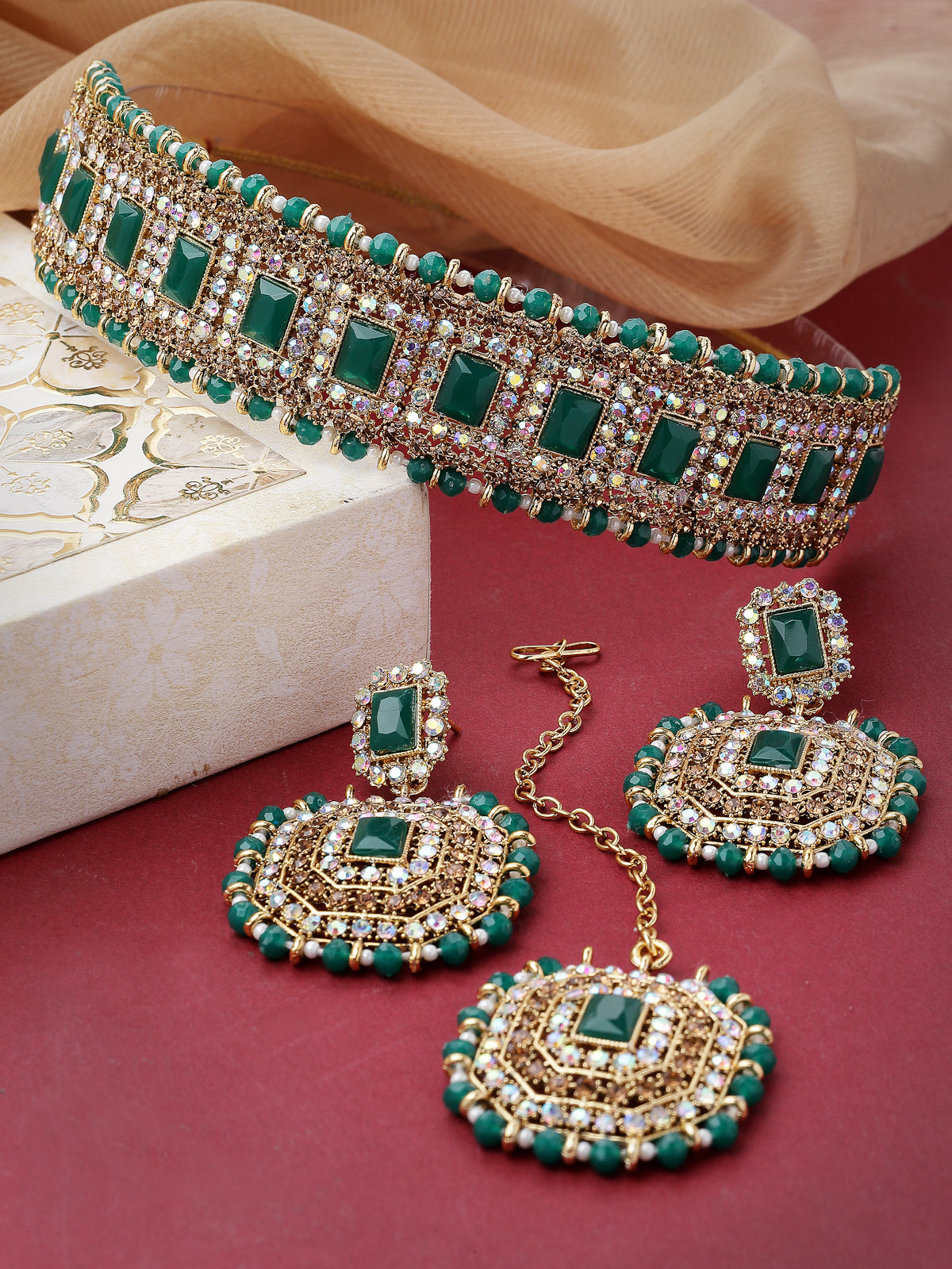 Sukkhi Decent Traditional Green Kundan & Beads Choker Necklace Set With Earring And Maangtika | Jewellery Set For Women (NS105591)