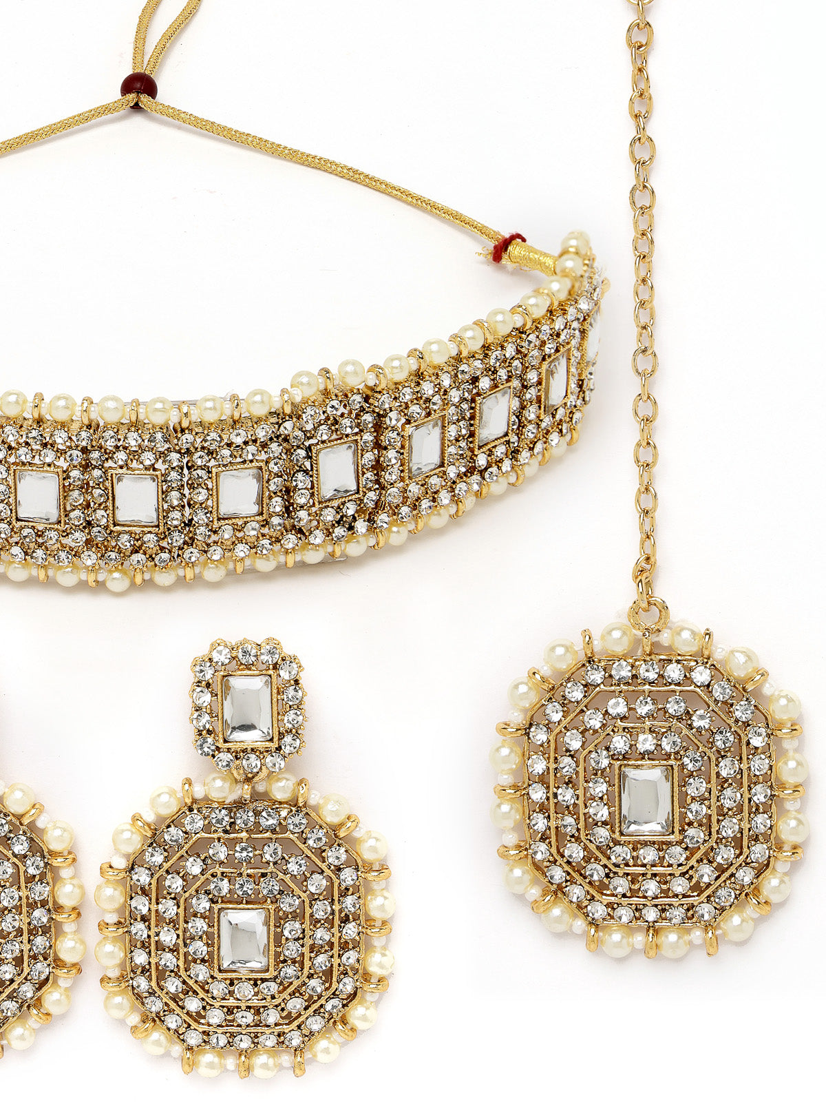 Sukkhi Decent Traditional White Kundan & Beads Choker Necklace Set With Earring And Maangtika | Jewellery Set For Women (NS105593)