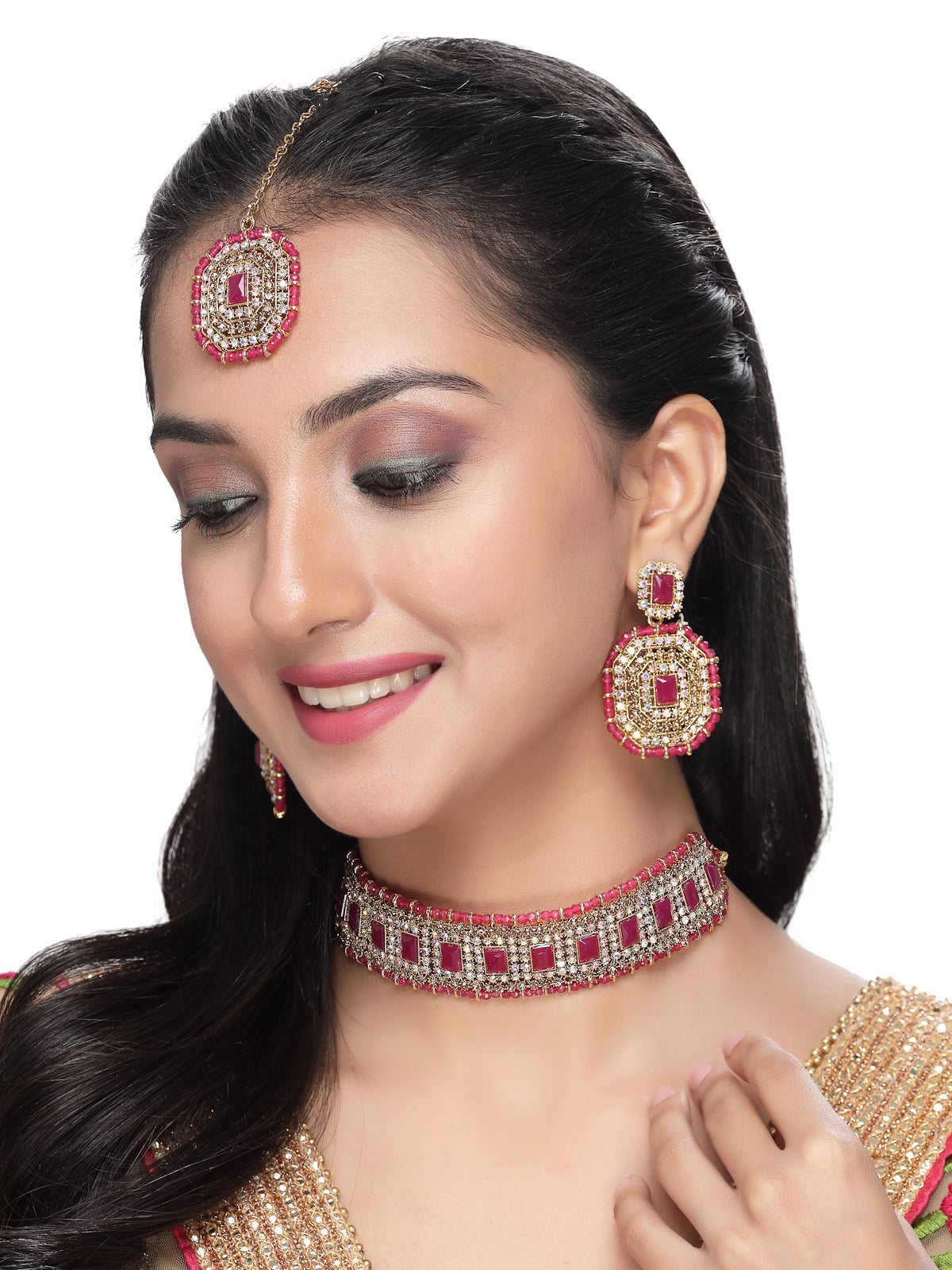 Sukkhi Decent Traditional Rani Pink Kundan & Beads Choker Necklace Set With Earring And Maangtika | Jewellery Set For Women (NS105594)