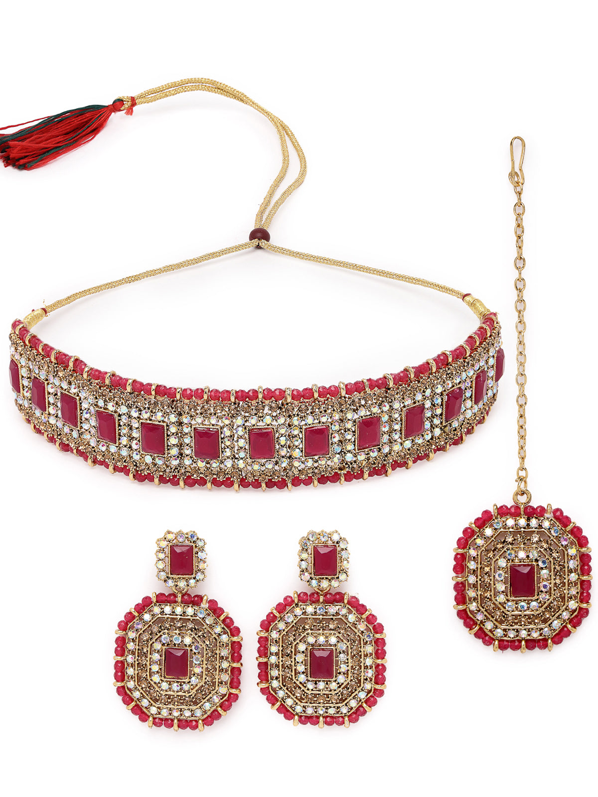 Sukkhi Decent Traditional Rani Pink Kundan & Beads Choker Necklace Set With Earring And Maangtika | Jewellery Set For Women (NS105594)