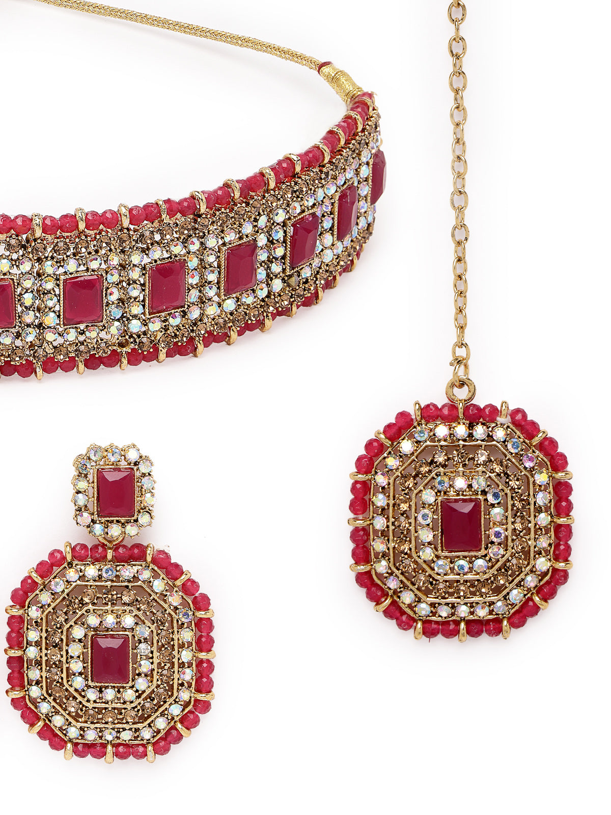 Sukkhi Decent Traditional Rani Pink Kundan & Beads Choker Necklace Set With Earring And Maangtika | Jewellery Set For Women (NS105594)